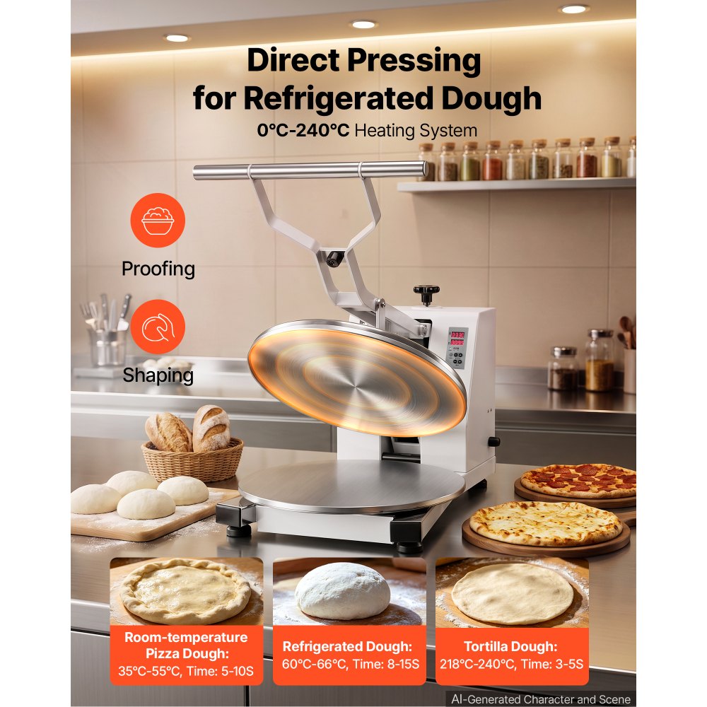 VEVOR Macchina Elettrica di Pressa per Impasto di Pizza Diametro 455 mm 1200 W, in Alluminio Pressofuso, Spessore Regolabile, Stenditrice per Impasto da Pnetteria, Pizzeria, Ristorante, Cucina
