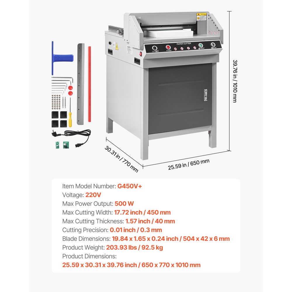 VEVOR Taglierina per Carta Taglierina ad Alte Prestazioni, Larghezza di Taglio 45 cm, Spessore di Taglio 4 cm, Grande Ghigliottina Elettrica con Funzione a Infrarossi e Lama di Ricambio, 500 W