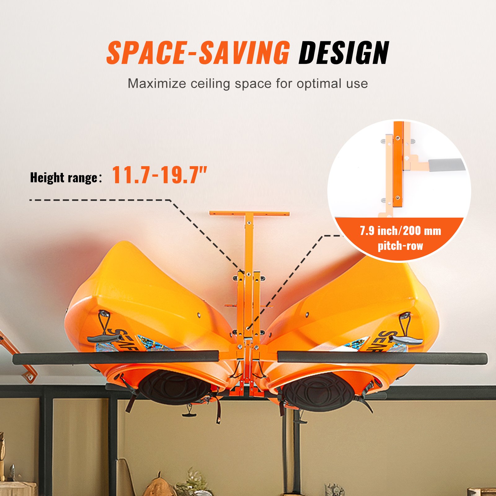 VEVOR Rastrelliera portaoggetti da soffitto per kayak, Rastrelliera portaoggetti da soffitto, Gancio porta kayak sospeso in altezza regolabile con bracci imbottiti, carico massimo 250 libbre