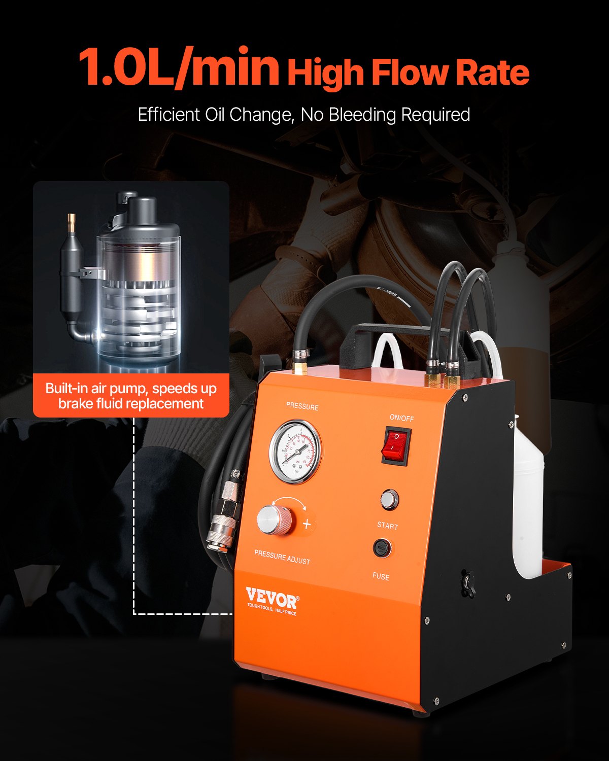 VEVOR Kit Spurgo Freni Elettrico, Kit Adattatore Completo per Fluido Freni Elettrico 220 V con Manometro e Pompa dell'Aria Integrata, Set Adattatori Versatili per Spurgo Freni per Alimentazione CC CA