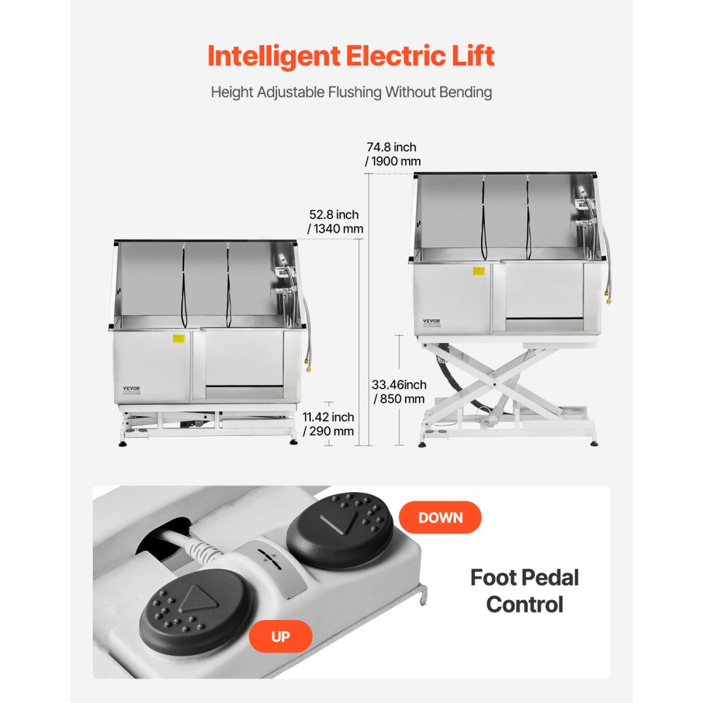 VEVOR Electric Dog Wash Station with Lifting Function, 127 cm Stainless Steel Pet Care Tub with PE Water Filter Plate, Faucet & Shower Head, Dog Bathtub, Pet Wash Basin (Right Door)