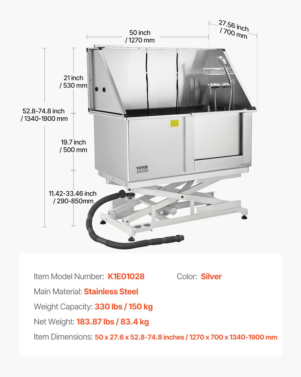 VEVOR Electric Dog Wash Station with Lifting Function, 127 cm Stainless Steel Pet Care Tub with PE Water Filter Plate, Faucet & Shower Head, Dog Bathtub, Pet Wash Basin (Right Door)