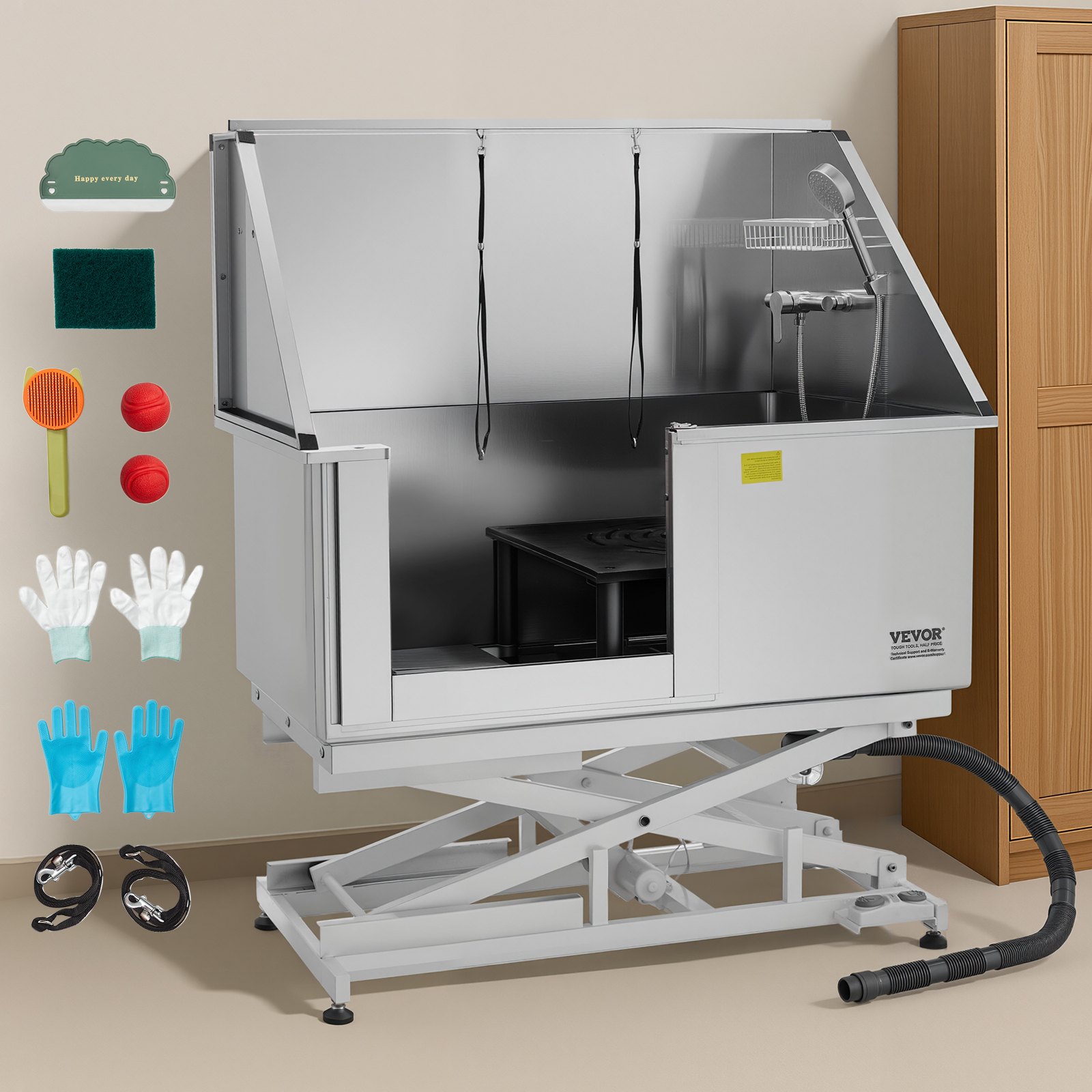 VEVOR Stazione di Lavaggio per Cani con Sollevamento Elettrico, Vasca per Toelettatura per Animali Domestici in Acciaio Inox da 127 cm con Filtro per Acqua, per Più Animali Domestici, Porta Sinistra