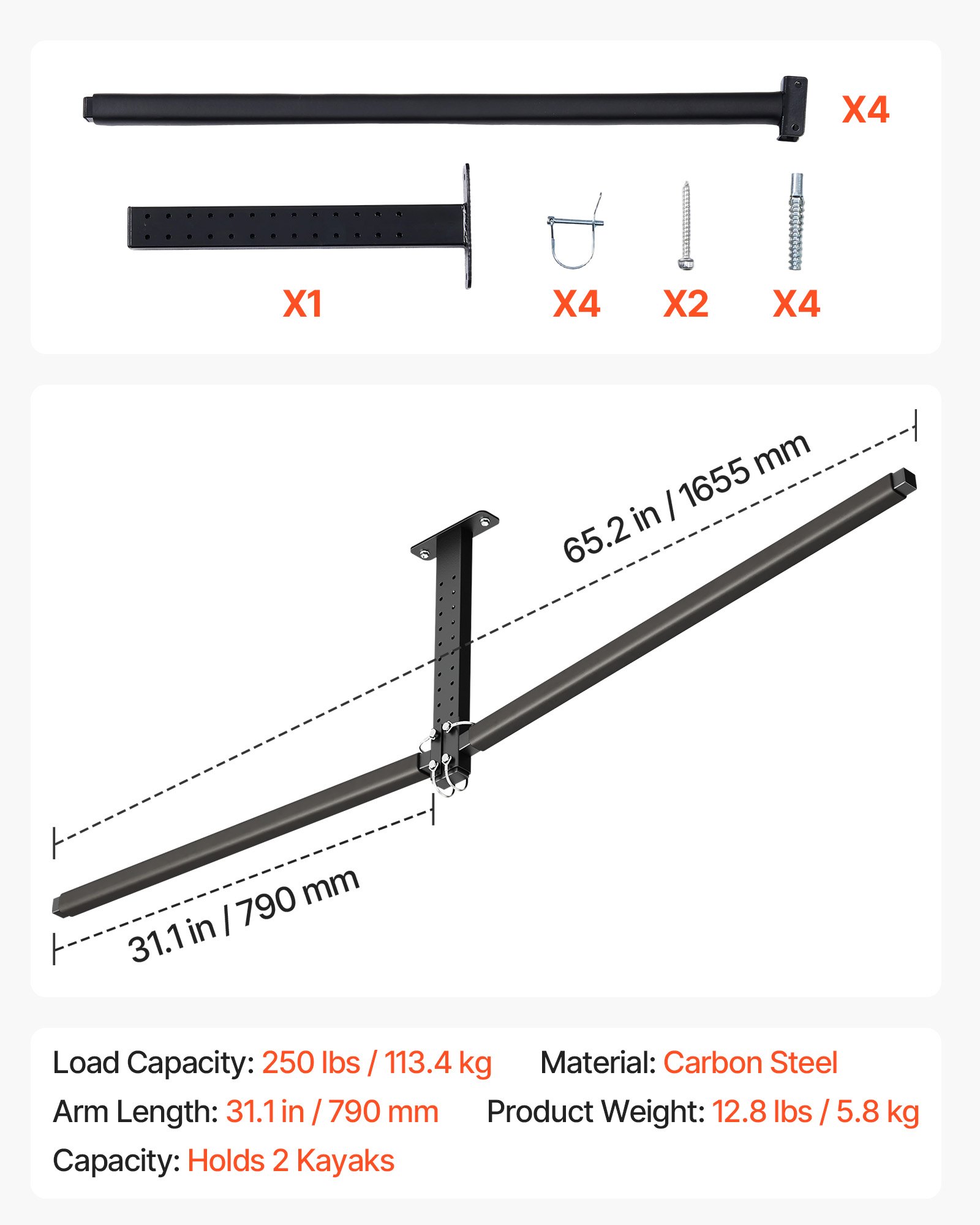 VEVOR Supporto da Soffitto per Kayak 2 pezzi, Supporto Barra Regolabile per Kayak Salvaspazio per Deposito Canoa SUP Tavola da SUP Paddleboard, Barra da Soffitto per Garage Carico max. 113,4 kg