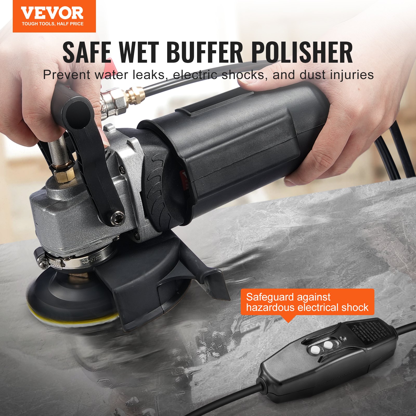VEVOR Wet Polisher 800 W, 4-inch Concrete Grinder with 6 Variable Speeds and 7 Polishing Kits, Wet Grinding Machine for Marble, Granite, Stone, Rock, Tiles, Equipped with a Residual Current Circuit Breaker (1000 - 4000 rpm)