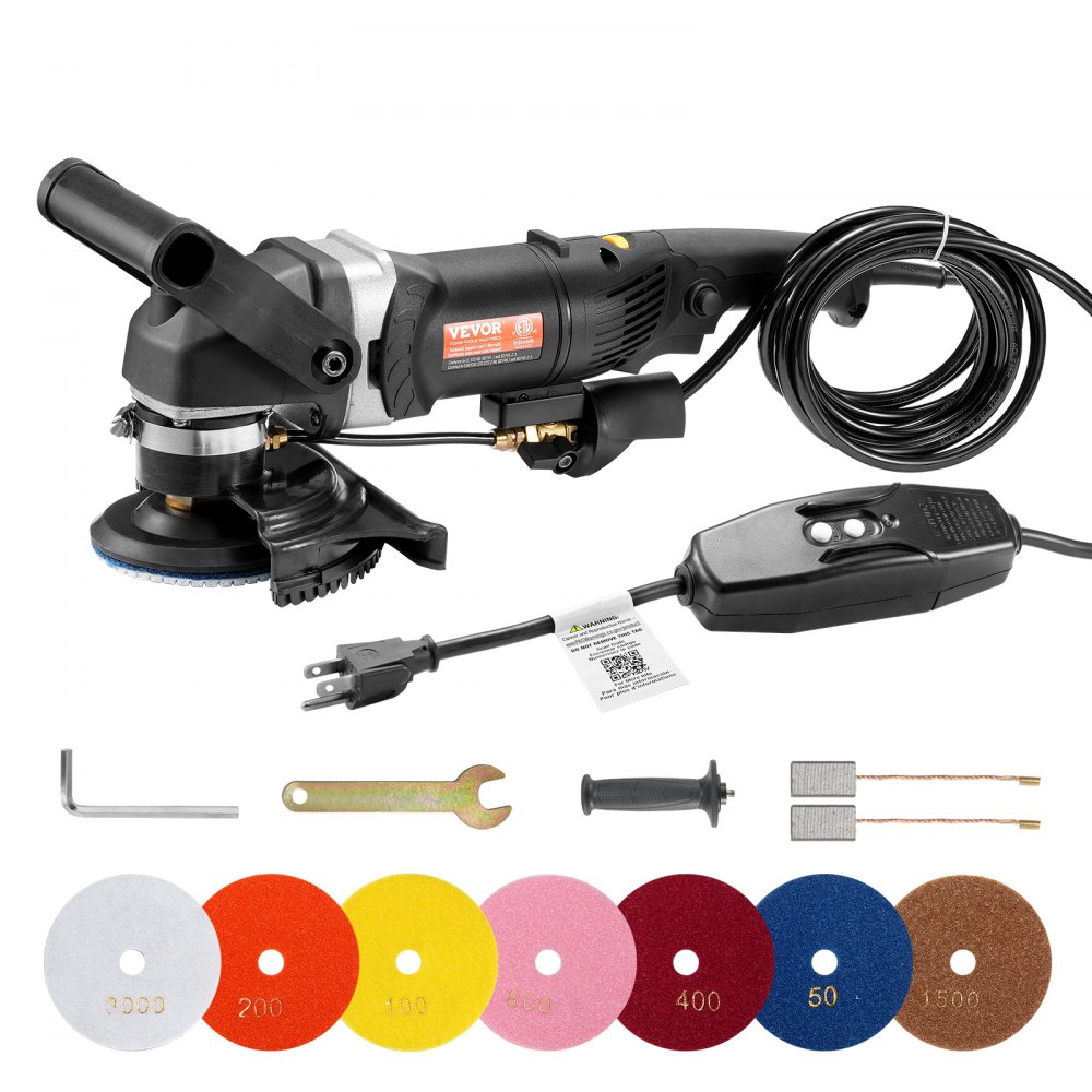 VEVOR Wet Polisher 800 W, 4-inch Concrete Grinder with 6 Variable Speeds and 7 Polishing Kits, Wet Grinding Machine for Marble, Granite, Stone, Rock, Tiles, Equipped with a Residual Current Circuit Breaker (700 - 3000 rpm)