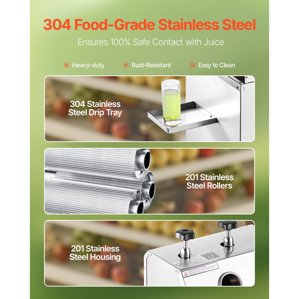 VEVOR Estrattore di Succo di Canna da Zucchero Commerciale, Macchina Elettrica per Spremitura di Canna da Zucchero da 750 W Capacità 300 kg/ora, 3 Rulli in Acciaio Inox, Estrattore di Succo