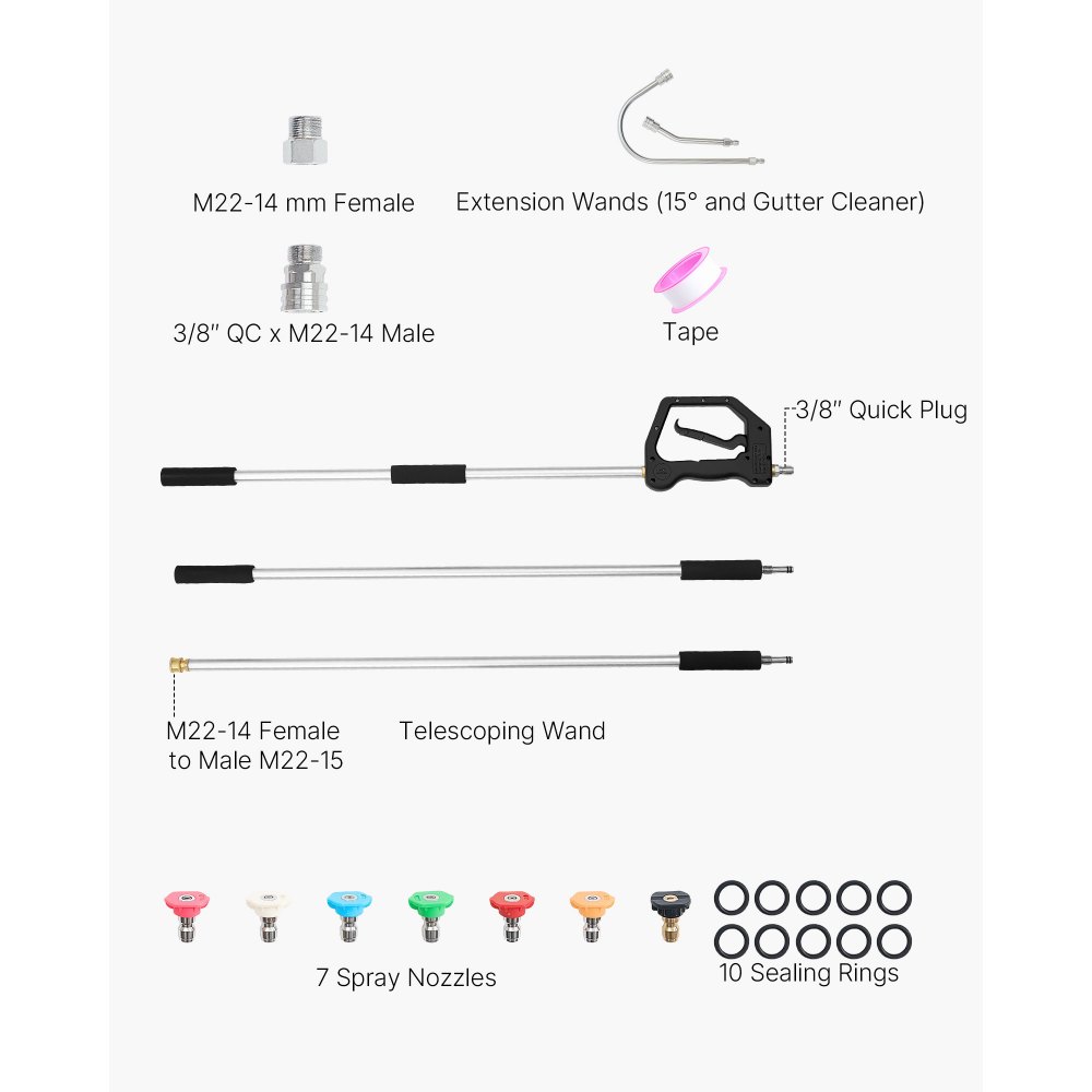 VEVOR Lancia Telescopica per Idropulitrice da 2,74 m, Lancia Estensibile per Idropulitrici a 3 Sezioni con 7 Ugelli, Adattatore per Tubo Flessibile, Cintura di Supporto, Testina Spazzola, 4000 PSI