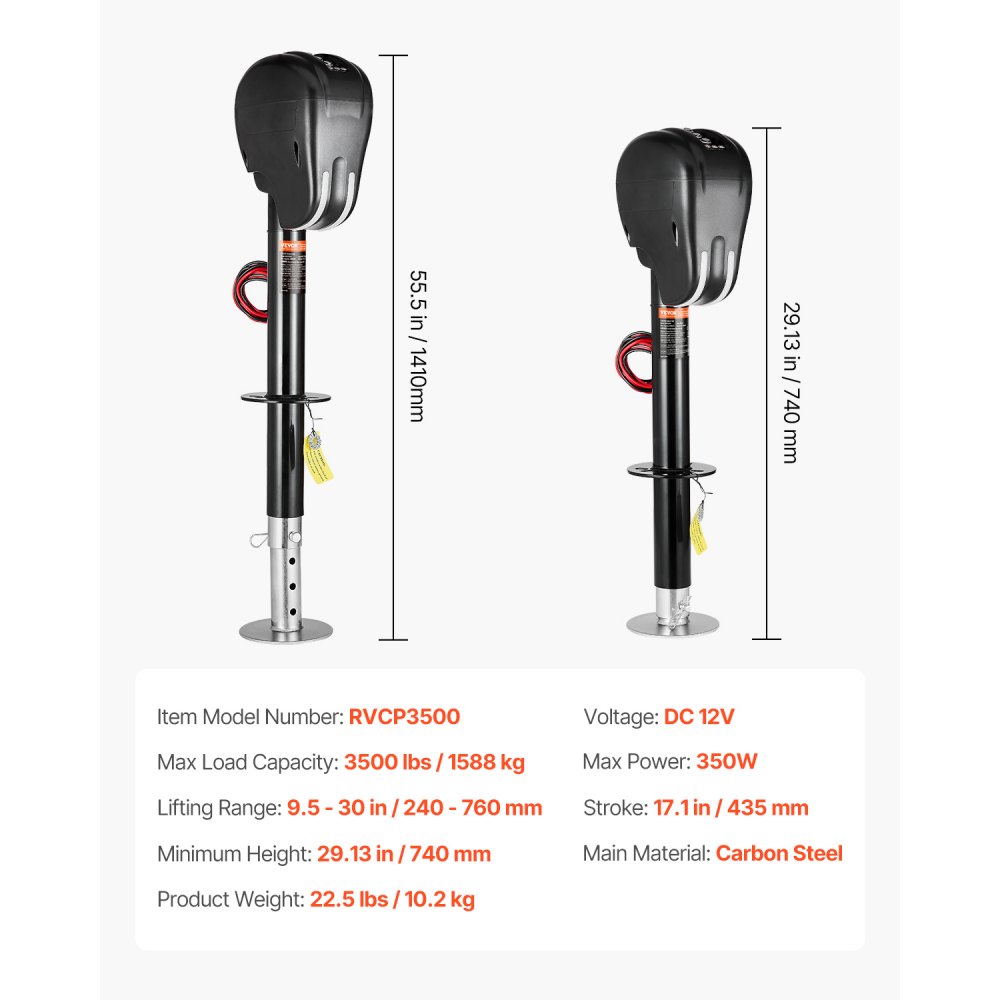 VEVOR Electric Trailer Jack, 1588 kg, Heavy-Duty Motorhome Trailer Support with 2-Way Connection, Memory Function, Crank Handle & Jack Cover, 240-760 mm Lift, for Trailers and Motorhomes