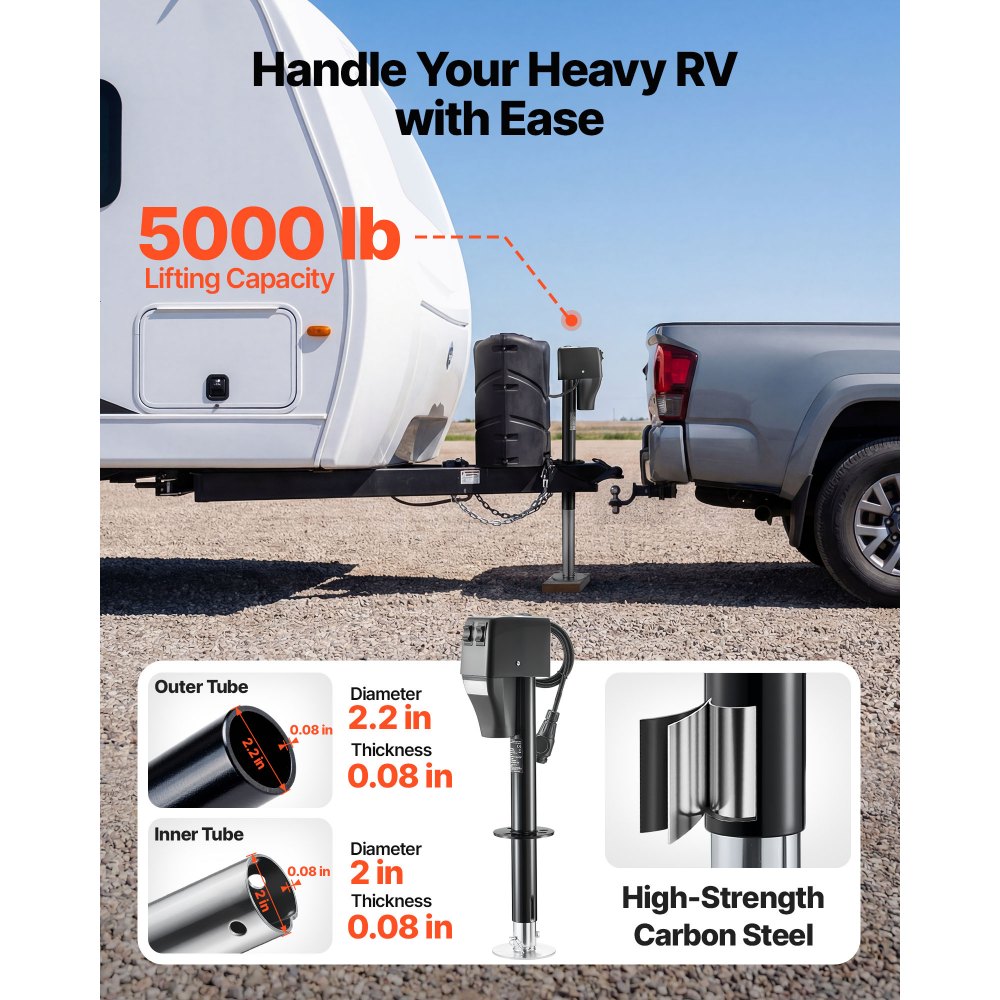 VEVOR Martinetto Elettrico per Rimorchio, Capacità di 2268 kg, Cric Elettrico con Timone, Copertura Protettiva Impermeabile e Luce LED per Roulotte, Camper, Sollevamento da 230 a 686 mm