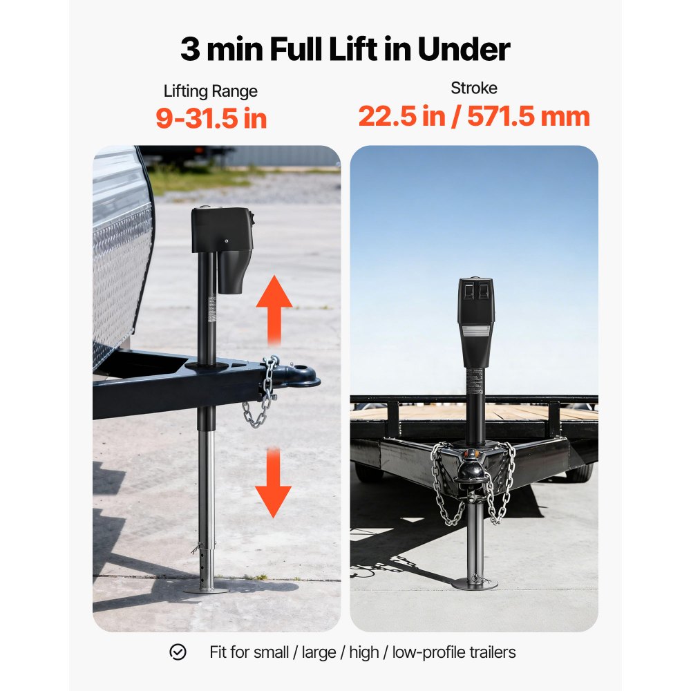 VEVOR Martinetto Elettrico per Rimorchio, Capacità di 2268 kg, Cric Elettrico con Timone, Copertura Protettiva Impermeabile e Luce LED per Roulotte, Camper, Sollevamento da 230 a 686 mm