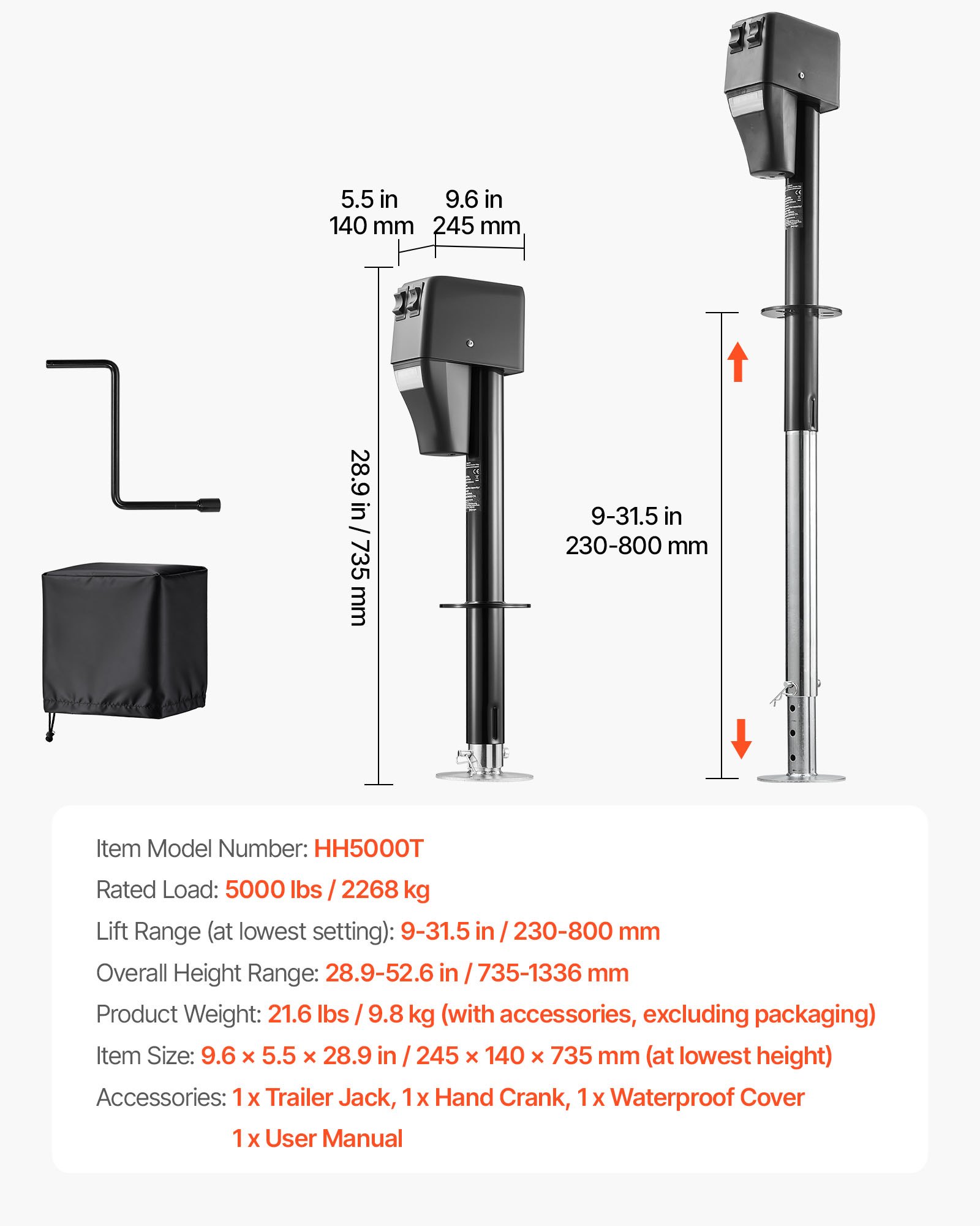 VEVOR Martinetto Elettrico per Rimorchio, Capacità di 2268 kg, Cric Elettrico con Timone, Copertura Protettiva Impermeabile e Luce LED per Roulotte, Camper, Sollevamento da 230 a 686 mm