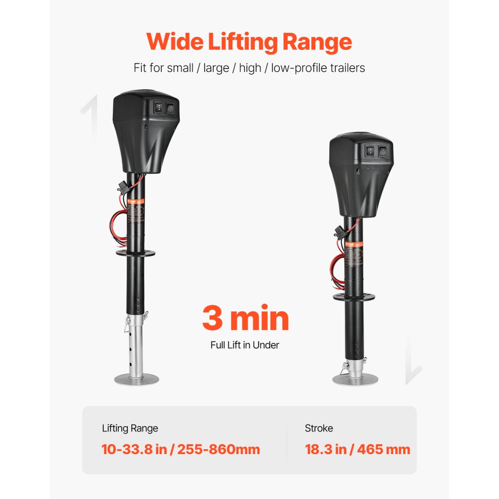 VEVOR Cric Elettrico per Rimorchio 2267 kg Cric Perno per Camper Resistente con Connettore a 2 Vie, Manovella Manuale e Copertura, Cric Resistente alle Intemperie, Mozzo 255-860 mm per Camper, Nero