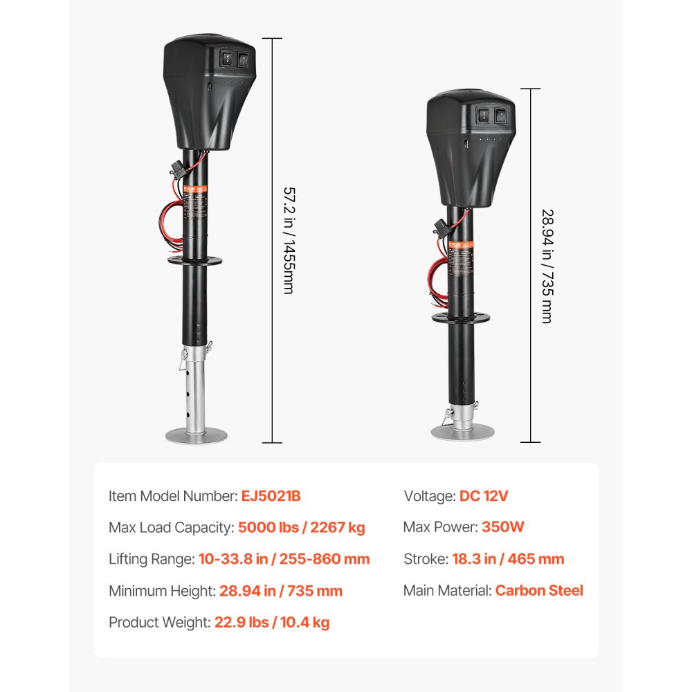 VEVOR Cric Elettrico per Rimorchio 2267 kg Cric Perno per Camper Resistente con Connettore a 2 Vie, Manovella Manuale e Copertura, Cric Resistente alle Intemperie, Mozzo 255-860 mm per Camper, Nero