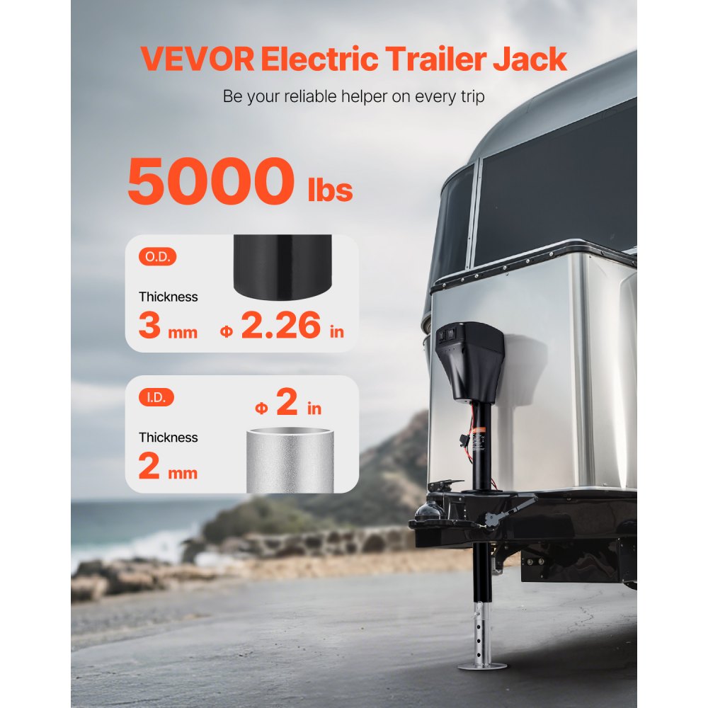 VEVOR Cric Elettrico per Rimorchio 2267 kg Cric Perno per Camper Resistente con Connettore a 2 Vie, Manovella Manuale e Copertura, Cric Resistente alle Intemperie, Mozzo 255-860 mm per Camper, Nero