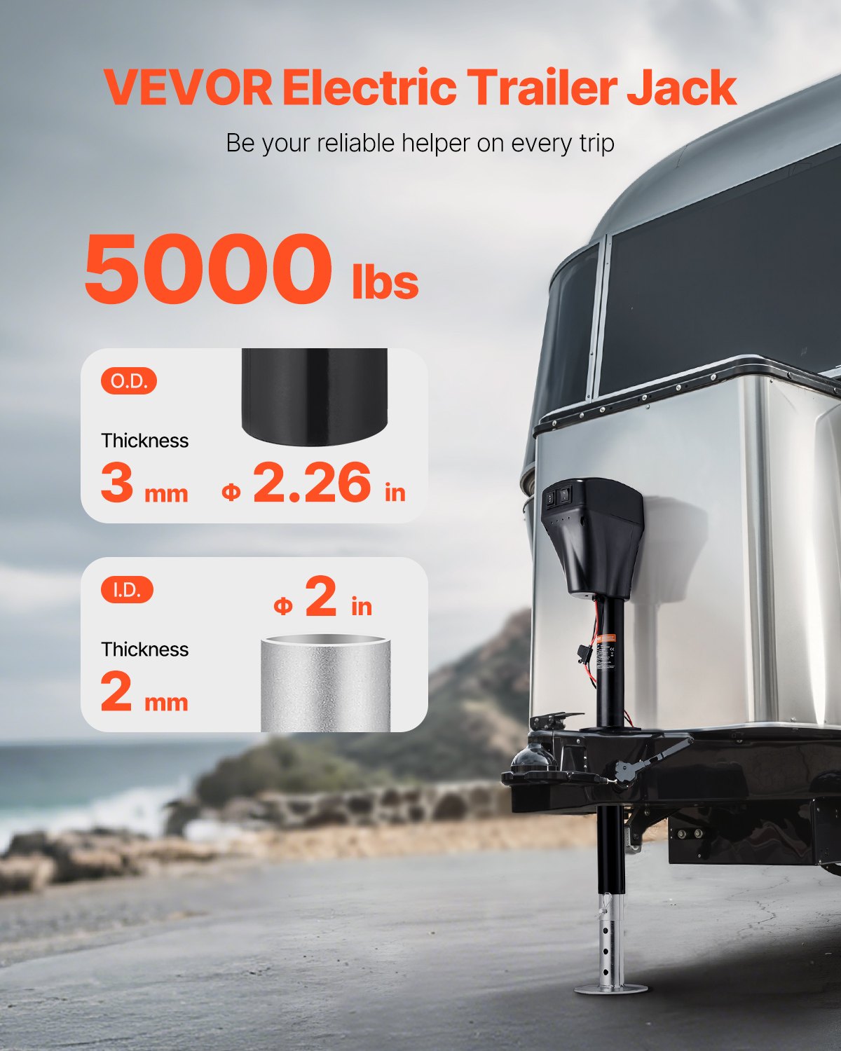 VEVOR Cric Elettrico per Rimorchio 2267 kg Cric Perno per Camper Resistente con Connettore a 2 Vie, Manovella Manuale e Copertura, Cric Resistente alle Intemperie, Mozzo 255-860 mm per Camper, Nero