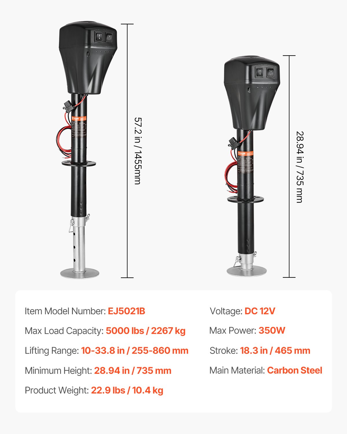VEVOR Cric Elettrico per Rimorchio 2267 kg Cric Perno per Camper Resistente con Connettore a 2 Vie, Manovella Manuale e Copertura, Cric Resistente alle Intemperie, Mozzo 255-860 mm per Camper, Nero