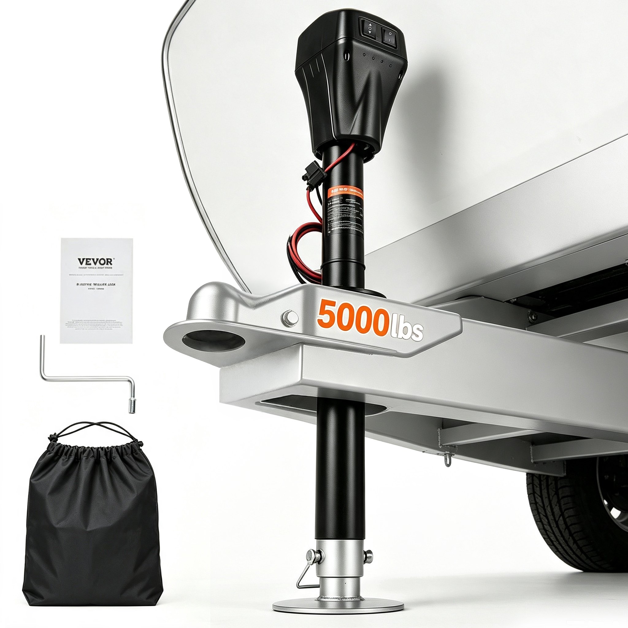 VEVOR Cric Elettrico per Rimorchio 2267 kg Cric Perno per Camper Resistente con Connettore a 2 Vie, Manovella Manuale e Copertura, Cric Resistente alle Intemperie, Mozzo 255-860 mm per Camper, Nero