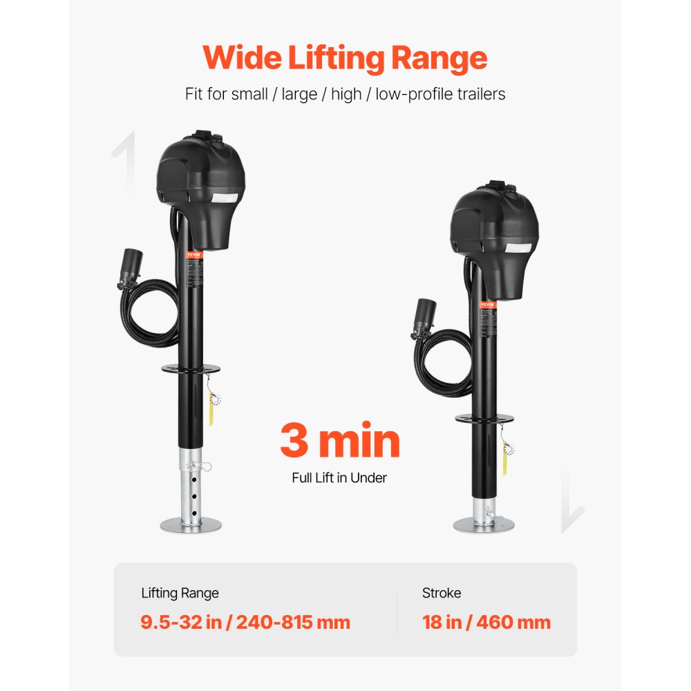VEVOR Cric Elettrico per Rimorchio 1588 kg Cric Perno per Camper Resistente con Spina a 7 Pin, Manovella Manuale e Copertura, Cric Resistente alle Intemperie, Sollevatore 240-815 mm per Camper, Nero