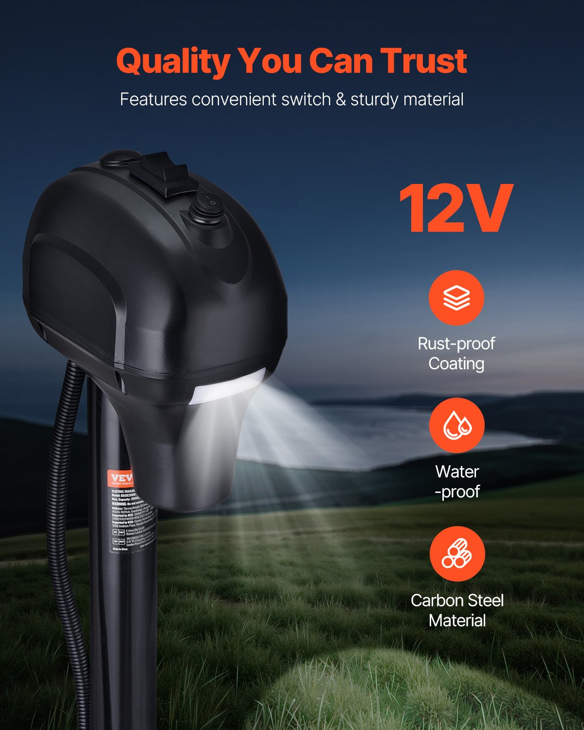 VEVOR Cric Elettrico per Rimorchio 1588 kg Cric Perno per Camper Resistente con Spina a 7 Pin, Manovella Manuale e Copertura, Cric Resistente alle Intemperie, Sollevatore 240-815 mm per Camper, Nero