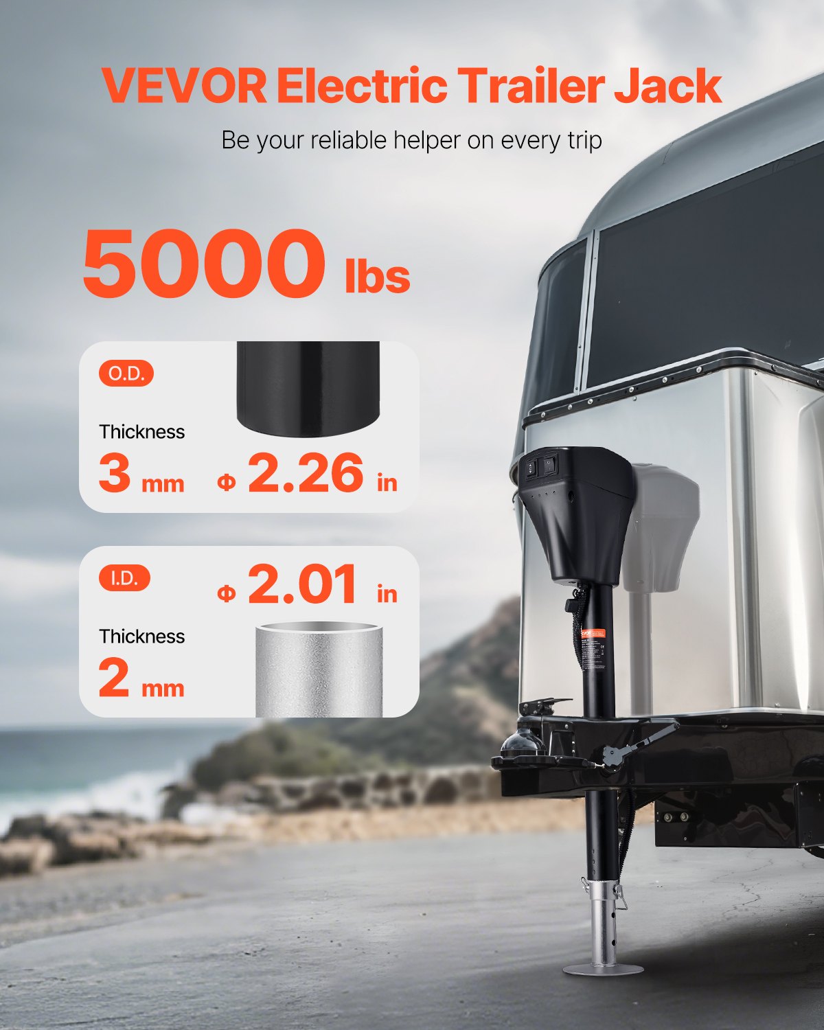 VEVOR Cric Elettrico per Rimorchio 2267 kg Cric Perno per Camper Resistente con Spina a 7 Pin, Manovella Manuale e Copertura Cric Resistente alle Intemperie, Sollevamento 255 - 860 mm per Camper, Nero