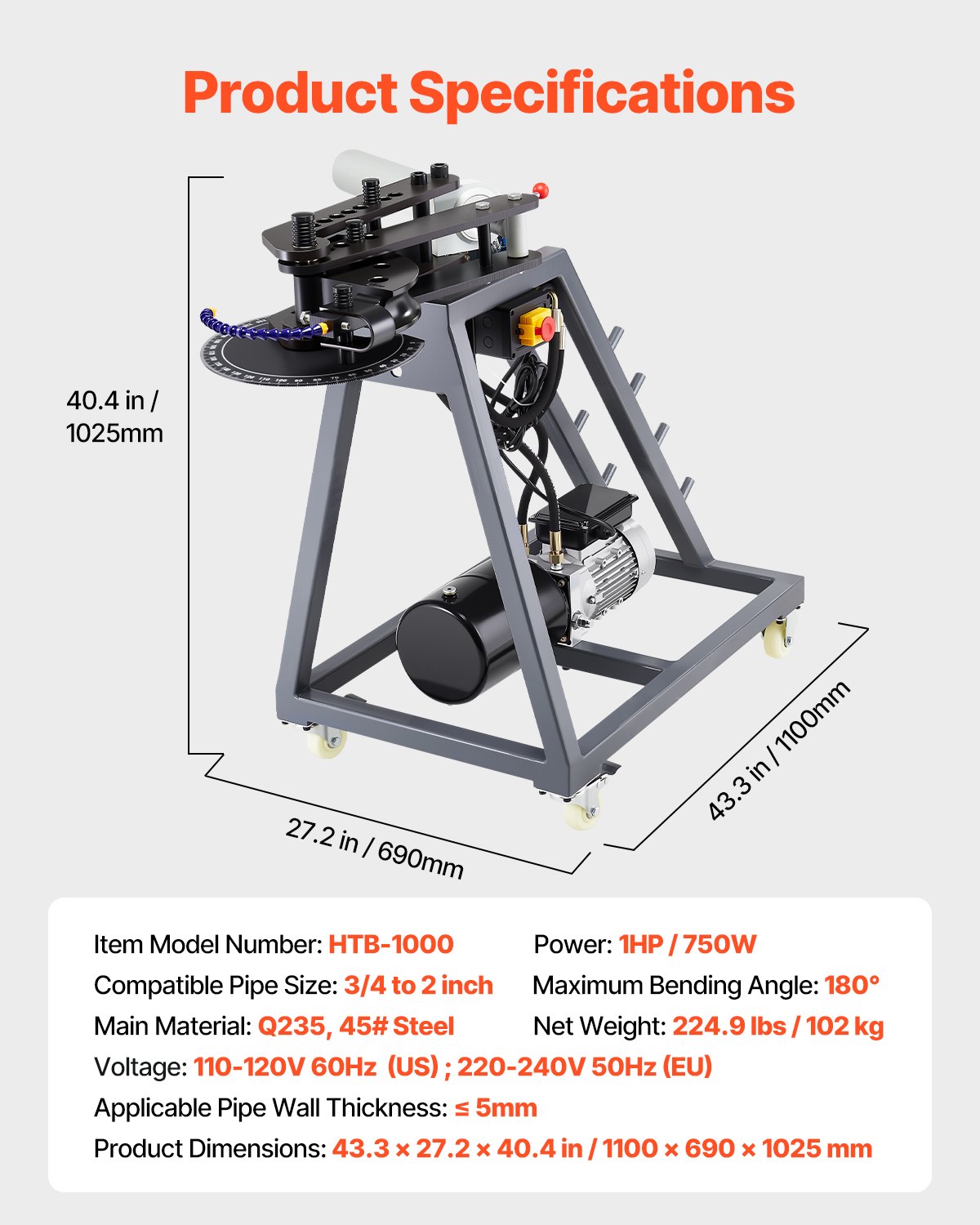 VEVOR Piegatubi Elettrico 1100 x 690 x 1025 mm 750 W Piegatubi Mobile con Ruote, 3 Matrici e Angolo di Piegatura Massimo di 180° con Cilindro Idraulico da 6 Litri Adatto per Tubi da 19,05 a 50,8 mm