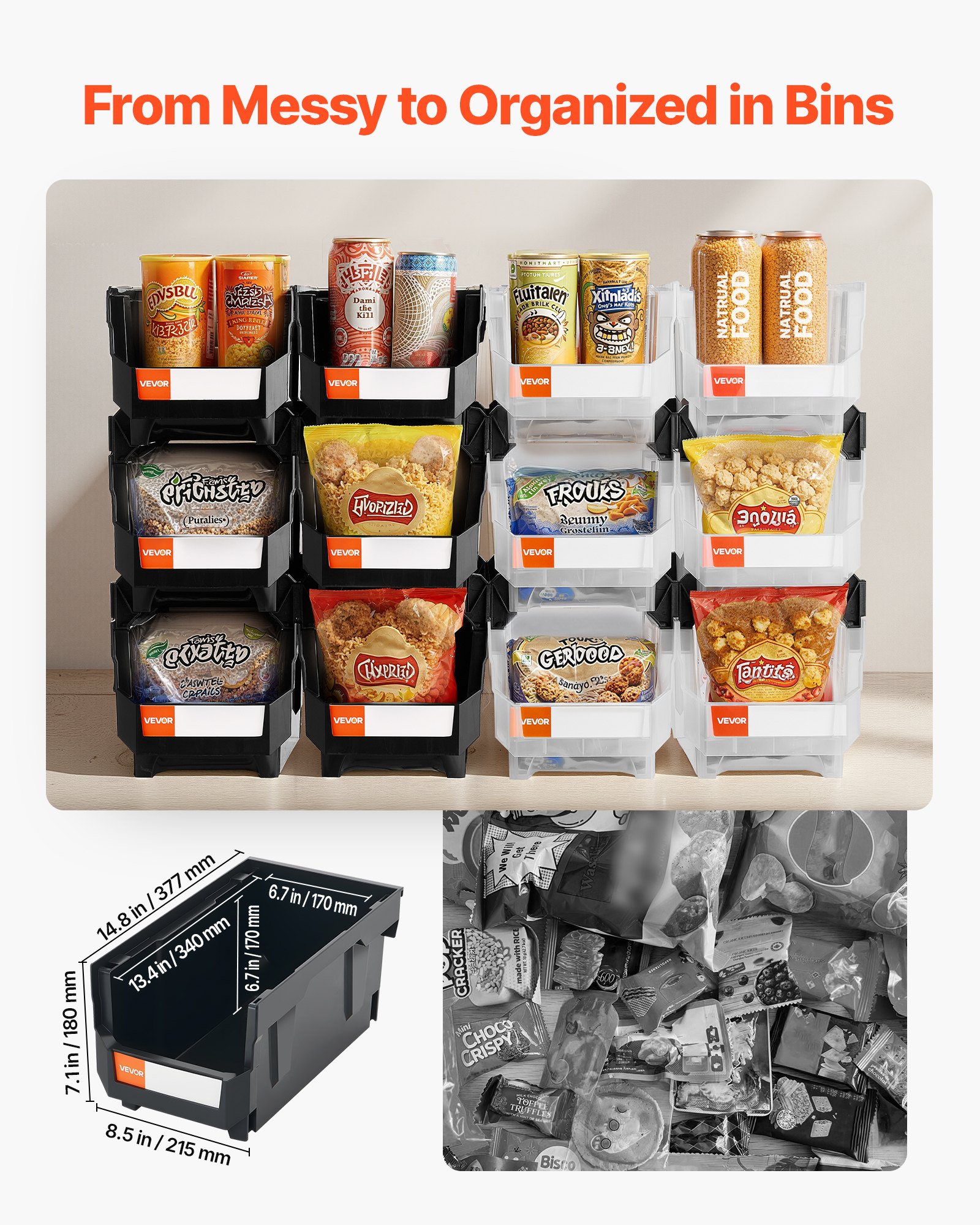 VEVOR Contenitori Impilabili in Plastica, 377 x 215 x 180 mm, 12 Pezzi, Contenitori in Plastica per Organizzare Oggetti in Armadio, Garage, Forniture per Ufficio, Altri Accessori, Nero e Trasparente