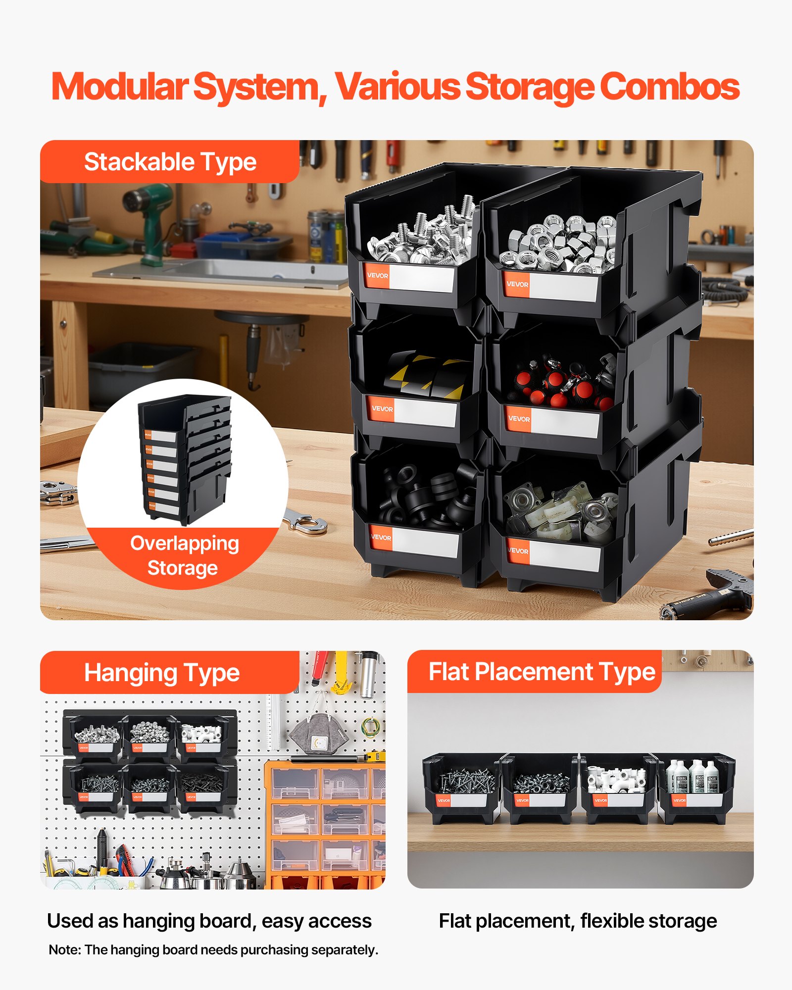 VEVOR Contenitori Impilabili in Plastica, 377 x 215 x 180 mm, 6 Pezzi, Contenitori in Plastica per Organizzare Oggetti in Armadio, Garage, Piccole Parti, Forniture per Ufficio, Altri Accessori, Nero