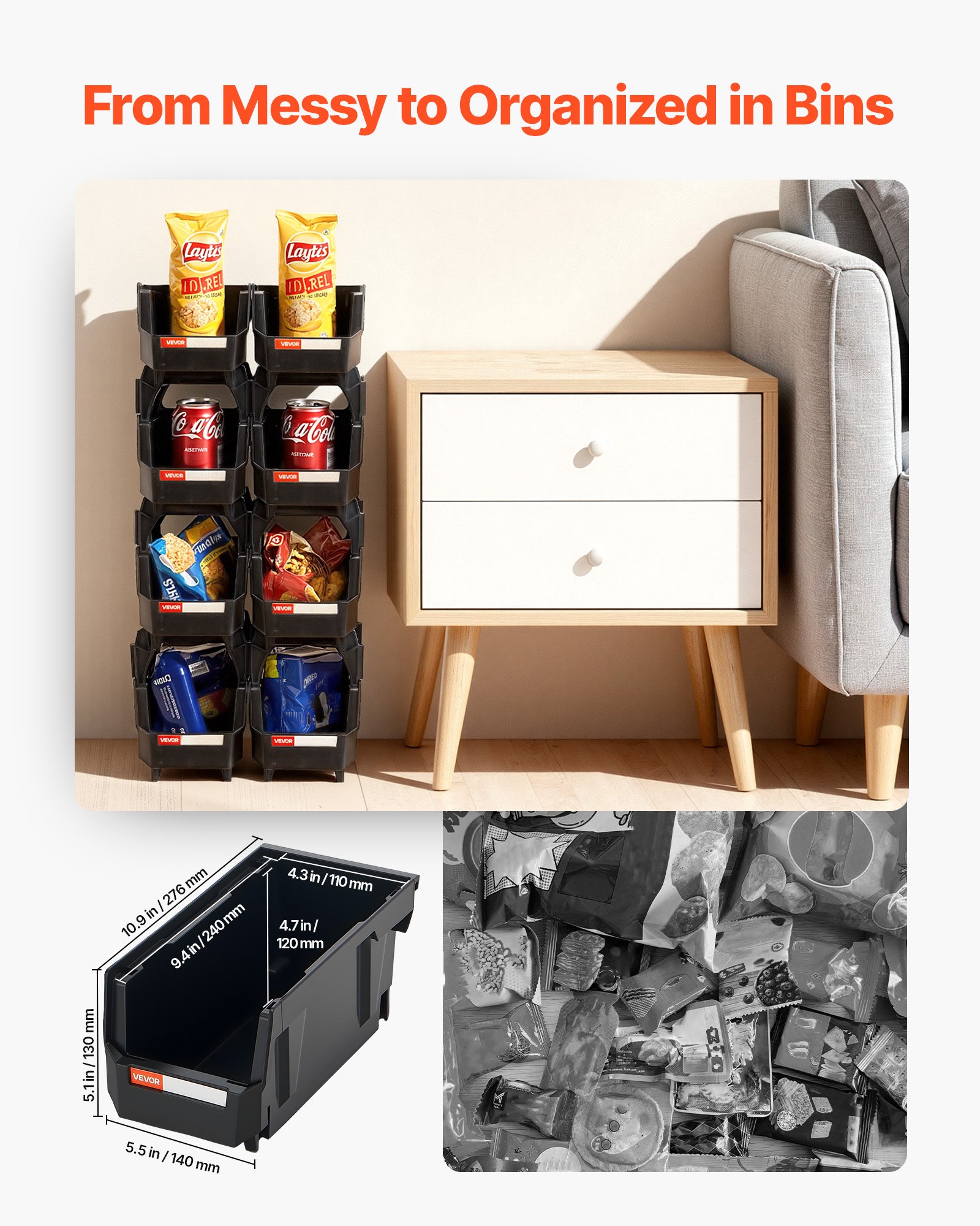 VEVOR Contenitori Impilabili in Plastica, 276 x 140 x 130 mm, 8 Pezzi, Contenitori in Plastica per Organizzare Oggetti in Armadio, Garage, Piccole Parti, Forniture per Ufficio, Altri Accessori, Nero