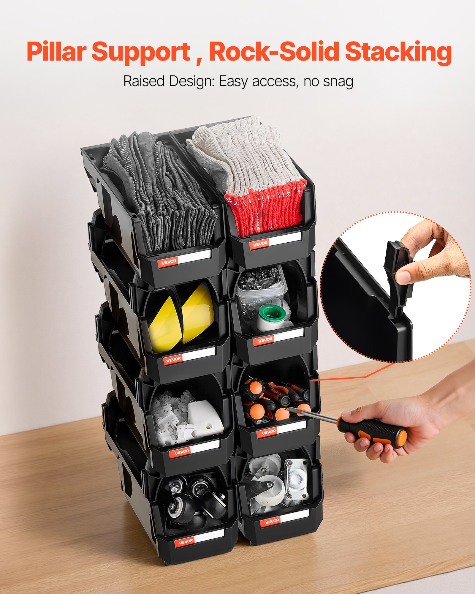 VEVOR Contenitori Impilabili in Plastica, 276 x 140 x 130 mm, 8 Pezzi, Contenitori in Plastica per Organizzare Oggetti in Armadio, Garage, Piccole Parti, Forniture per Ufficio, Altri Accessori, Nero