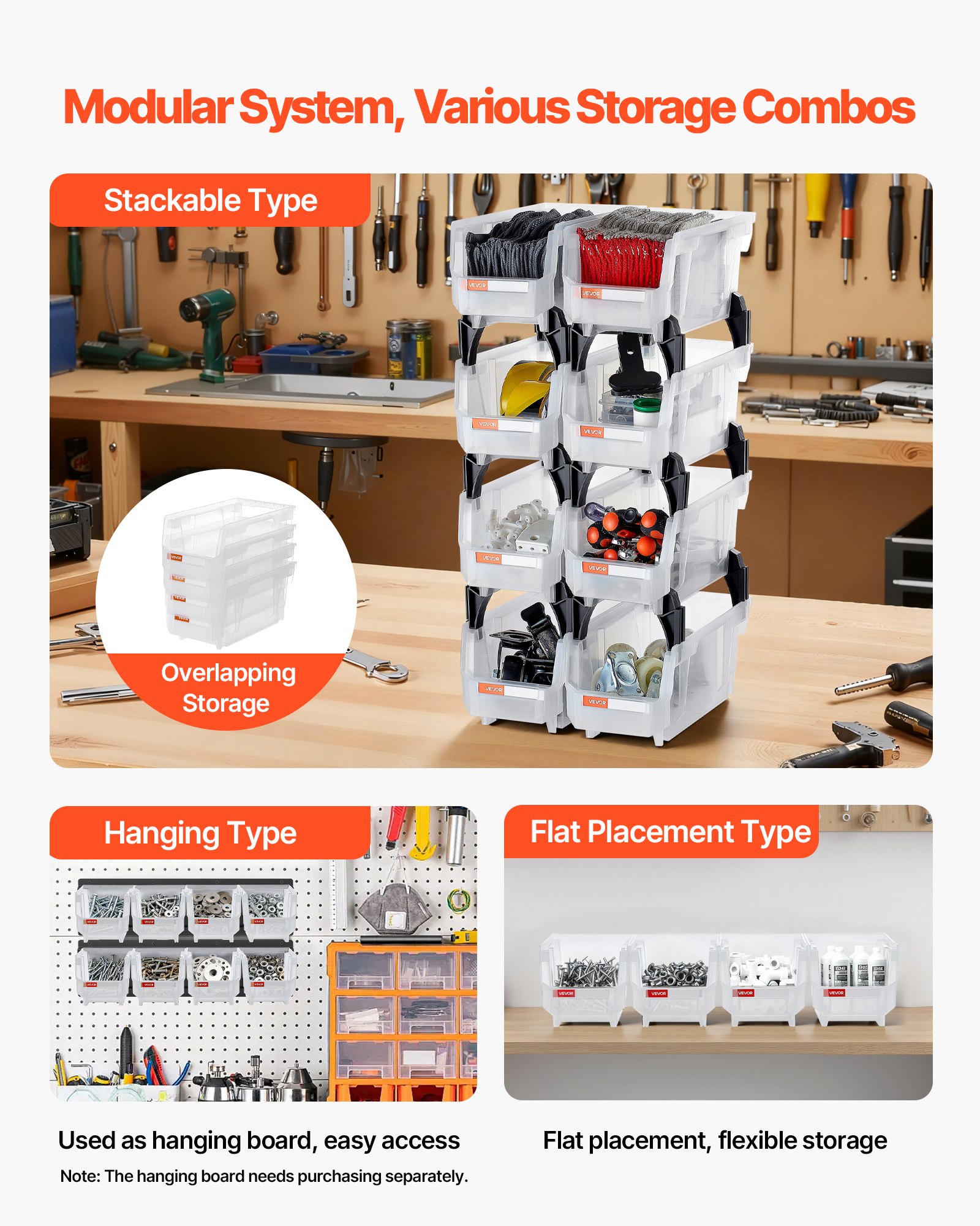 VEVOR Contenitori Impilabili in Plastica, 276 x 140 x 130 mm, 8 Pezzi, Contenitori in Plastica per Organizzare Oggetti in Armadio, Piccole Parti, Forniture per Ufficio, Altri Accessori, Trasparenti