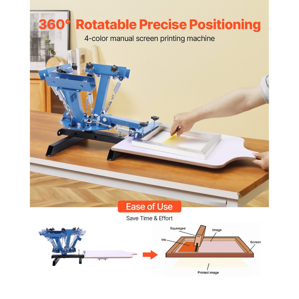 VEVOR Macchina Serigrafica a 4 Colori e 1 Stazione Dimensioni 540 x 450 mm, Ruotabile a 360°, in Acciaio al Carbonio Verniciato a Polvere, per Personalizzazione di Magliette a Casa e Uso Commerciale