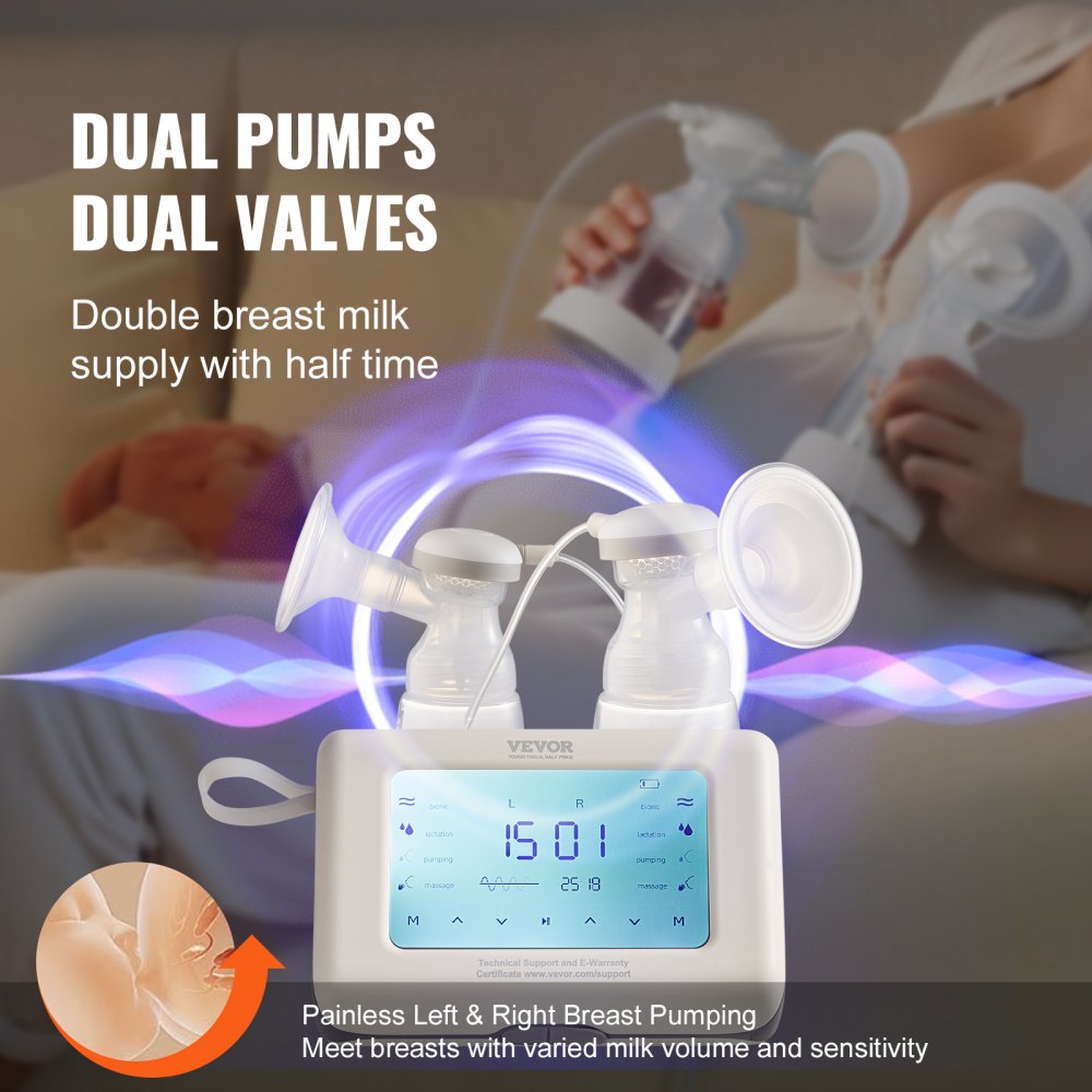 VEVOR Electric Double Breast Pump 9.45W Breast Pump 180ml PP Milk Bottle Breast Pump -300±20mmHg Breast Pump with 4 Modes and 9/15 Levels ≤50dB Ultra-Quiet Worry-Free Pumping of Breast Milk on the Go