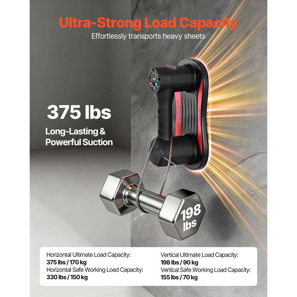 VEVOR Ventosa Elettrica a Vuoto Capacità di Sollevamento Massima di 170 kg, Sollevatore a Vuoto per Vetri con Display Digitale, per Piastrelle per Impieghi Gravosi per Sollevare Piastrelle