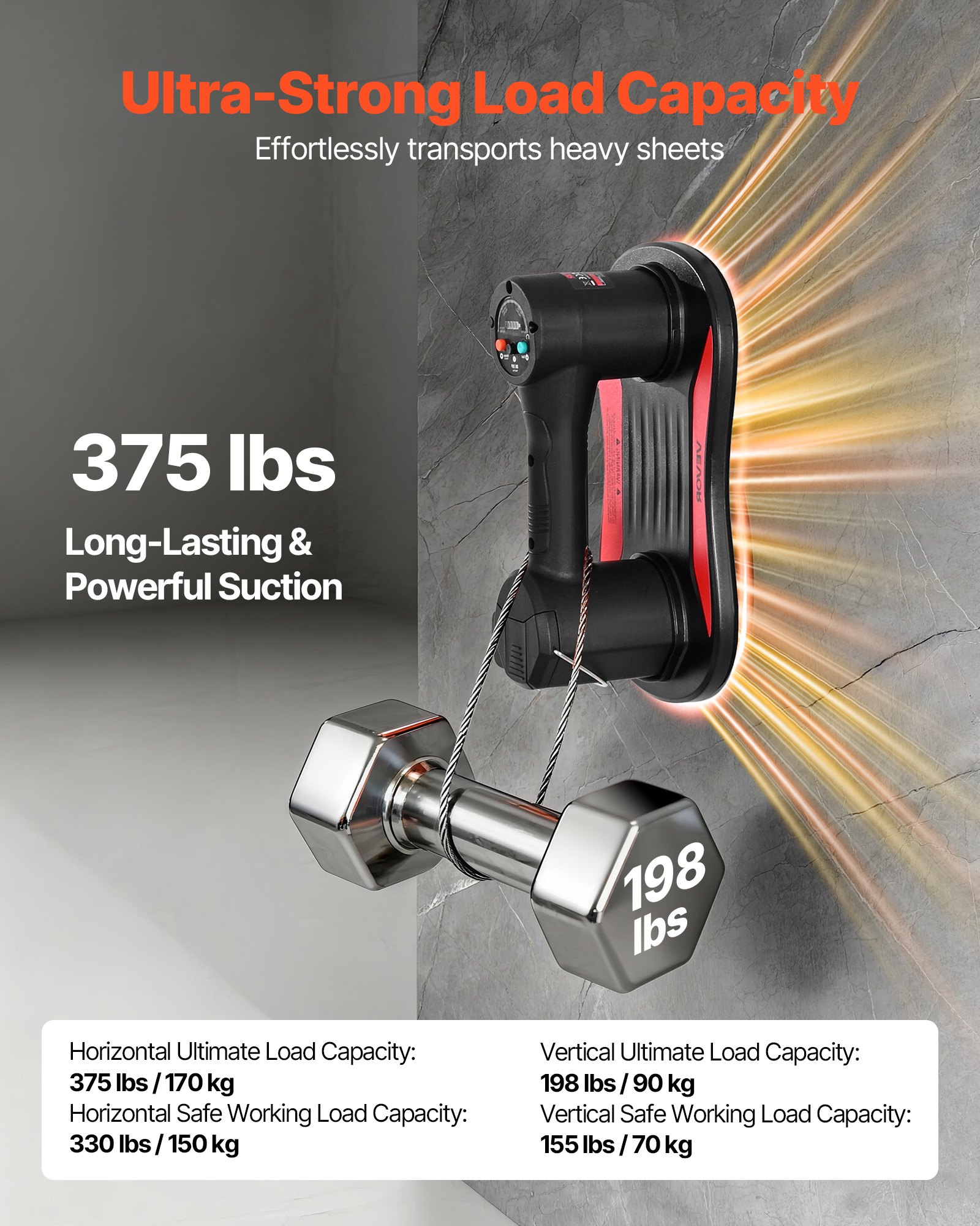 VEVOR Ventosa Elettrica a Vuoto Capacità di Sollevamento Massima di 170 kg, Sollevatore a Vuoto per Vetri con Display Digitale, per Piastrelle per Impieghi Gravosi per Sollevare Piastrelle