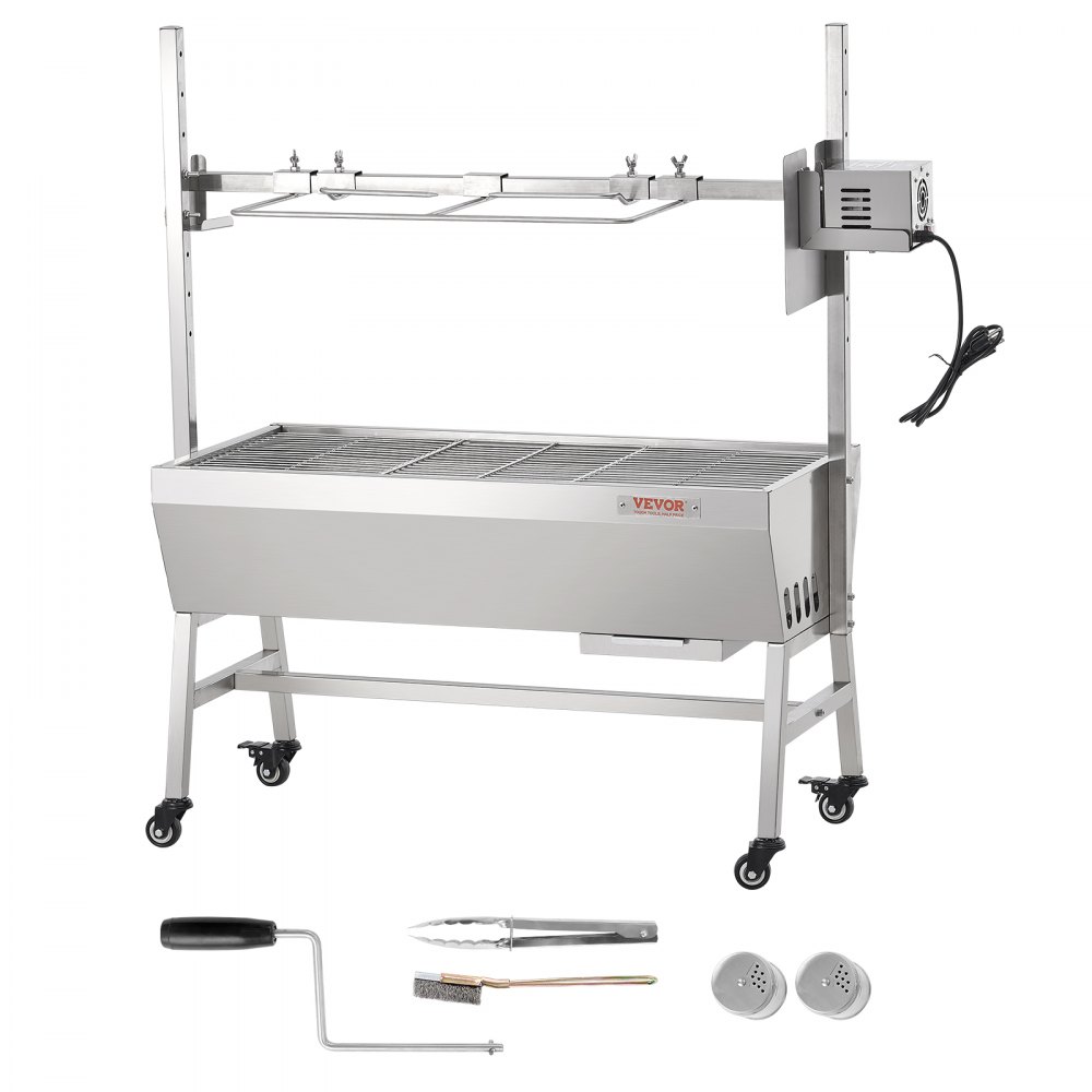 VEVOR Lamb Grill, Suckling Pig Grill, Spit Roast Grill, 61 kg BBQ Charcoal Spit Grill for Whole Pig, Lamb, Goat, 42W Electric Motor, Stainless Steel Rotisserie Roaster with Lockable Wheels