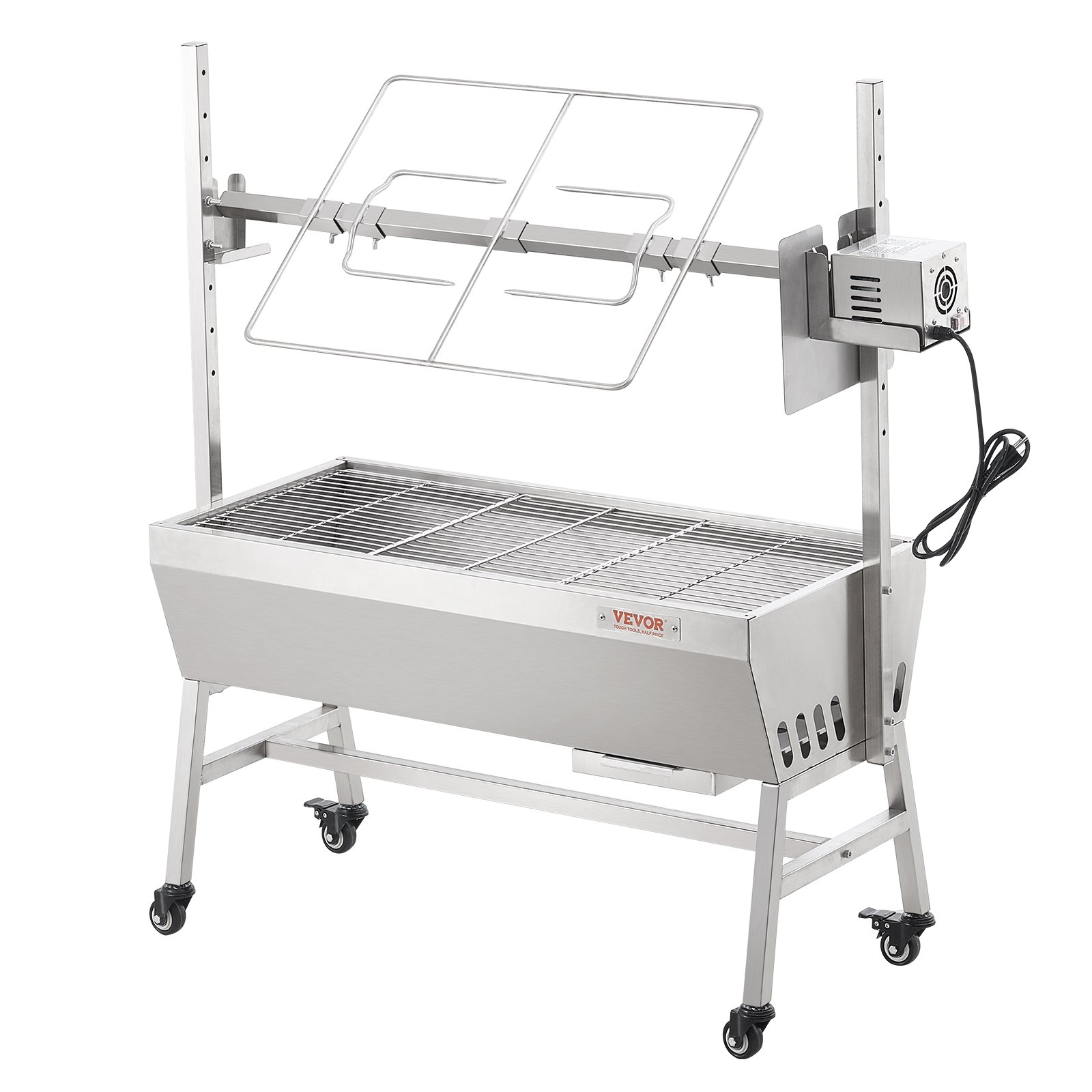 VEVOR Griglia per Agnello Griglia per Arrosto, Griglia per Barbecue con Ruote Bloccabili Carico max. 61 kg per Maiale, Agnello, Motore Elettrico 42 W, Girarrosto Commerciale Acciaio Inox