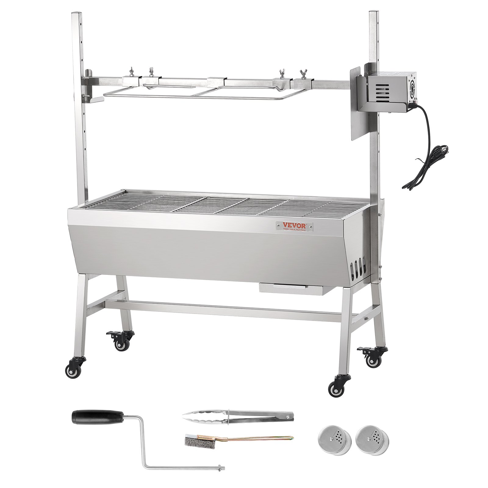 VEVOR Griglia per Agnello Griglia per Arrosto, Griglia per Barbecue con Ruote Bloccabili Carico max. 61 kg per Maiale, Agnello, Motore Elettrico 42 W, Girarrosto Commerciale Acciaio Inox
