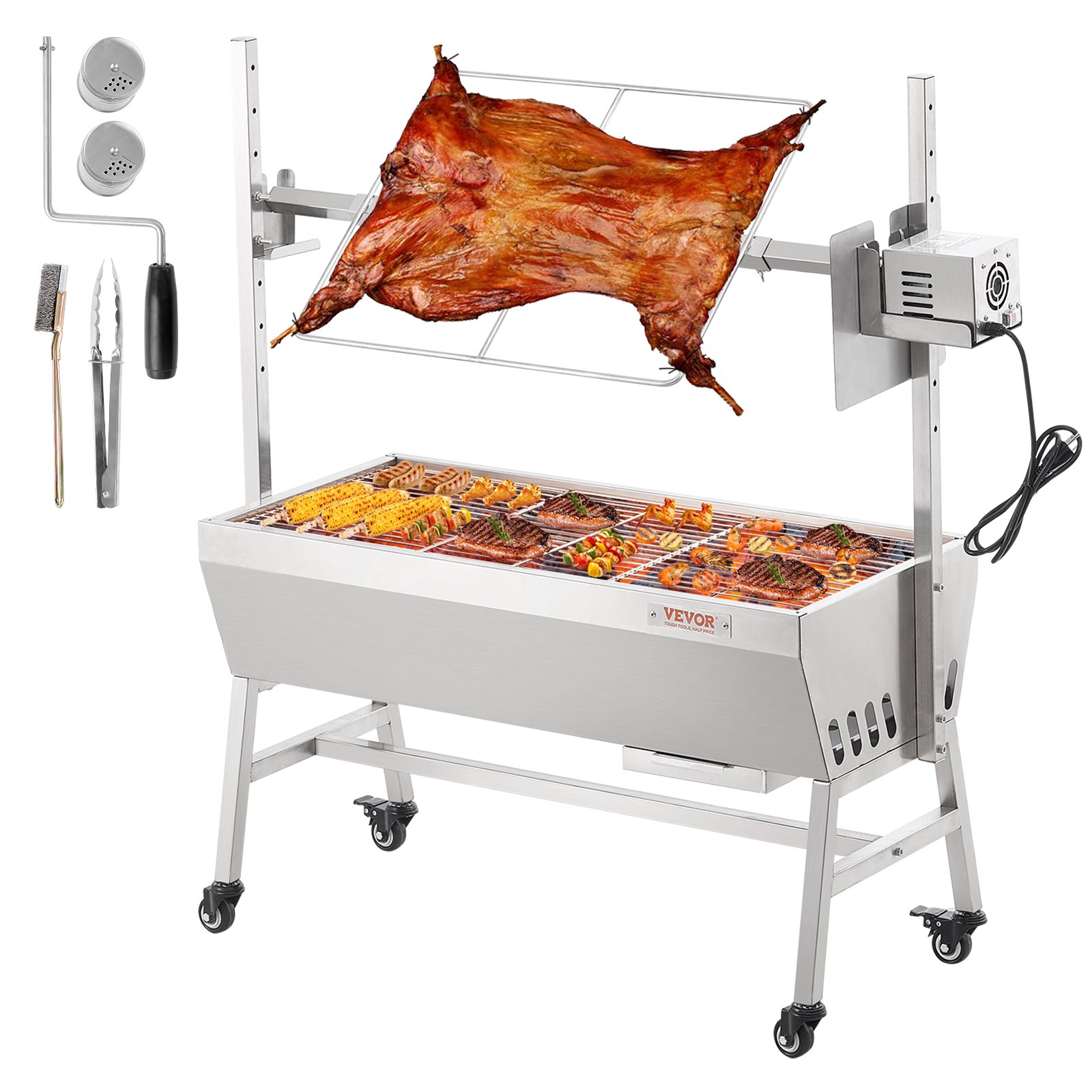 VEVOR Lamb Grill, Suckling Pig Grill, Spit Roast Grill, 61 kg BBQ Charcoal Spit Grill for Whole Pig, Lamb, Goat, 42W Electric Motor, Stainless Steel Rotisserie Roaster with Lockable Wheels