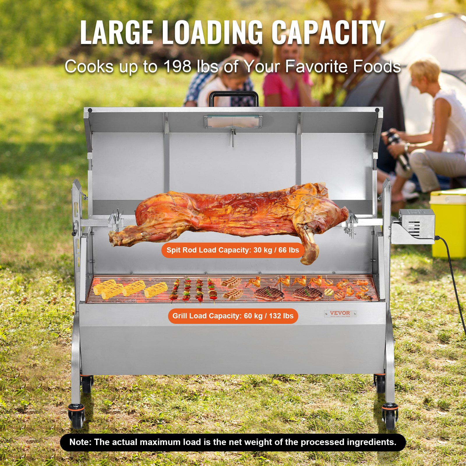 VEVOR Griglia per Agnello, Griglia per Maialino, Griglia per Arrosto, Griglia per Barbecue Carico max. 90 kg per Maiale, Agnello, Motore Elettrico da 52 W, Girarrosto Commerciale Acciaio Inox