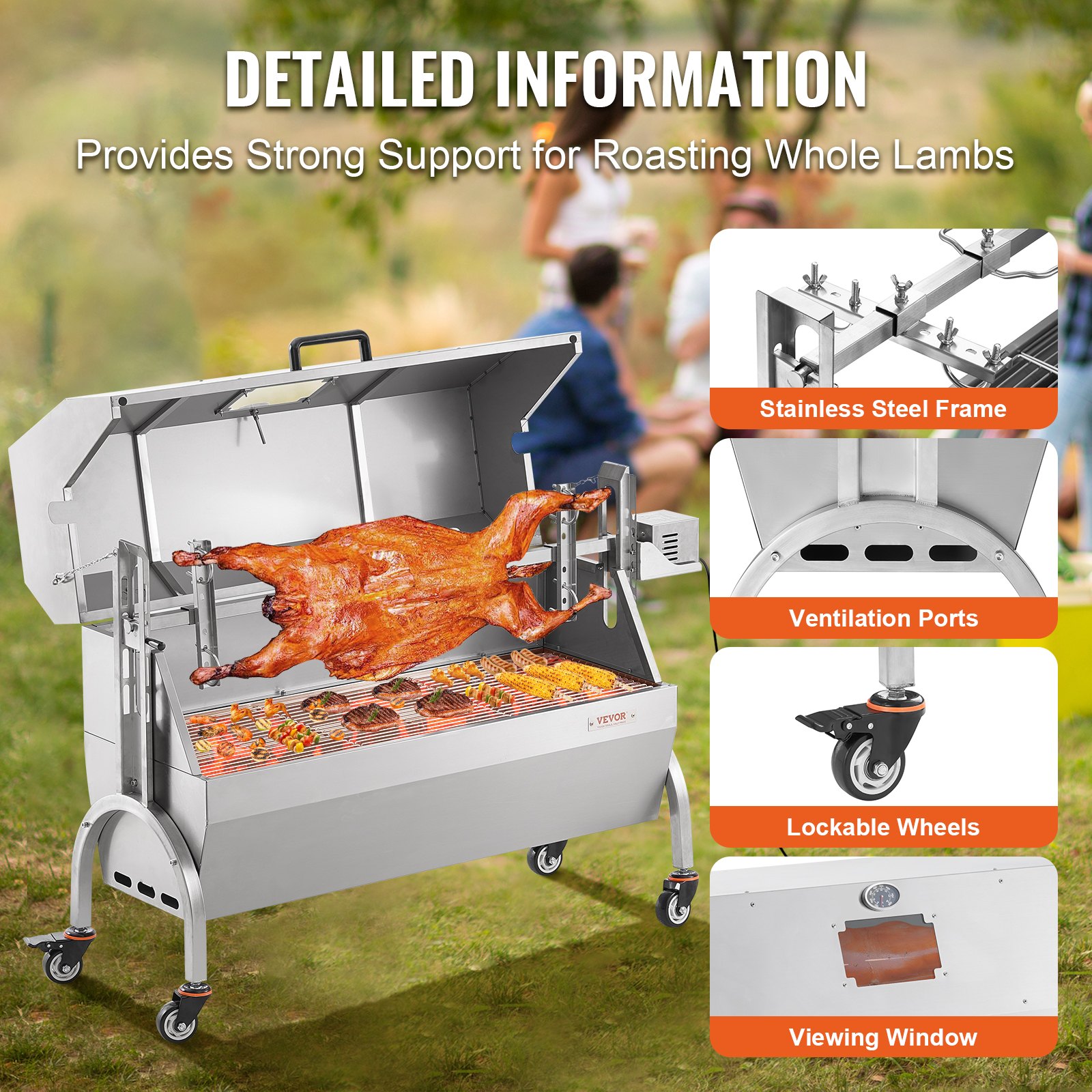 VEVOR Griglia per Agnello, Griglia per Maialino, Griglia per Arrosto, Griglia per Barbecue Carico max. 90 kg per Maiale, Agnello, Motore Elettrico da 52 W, Girarrosto Commerciale Acciaio Inox