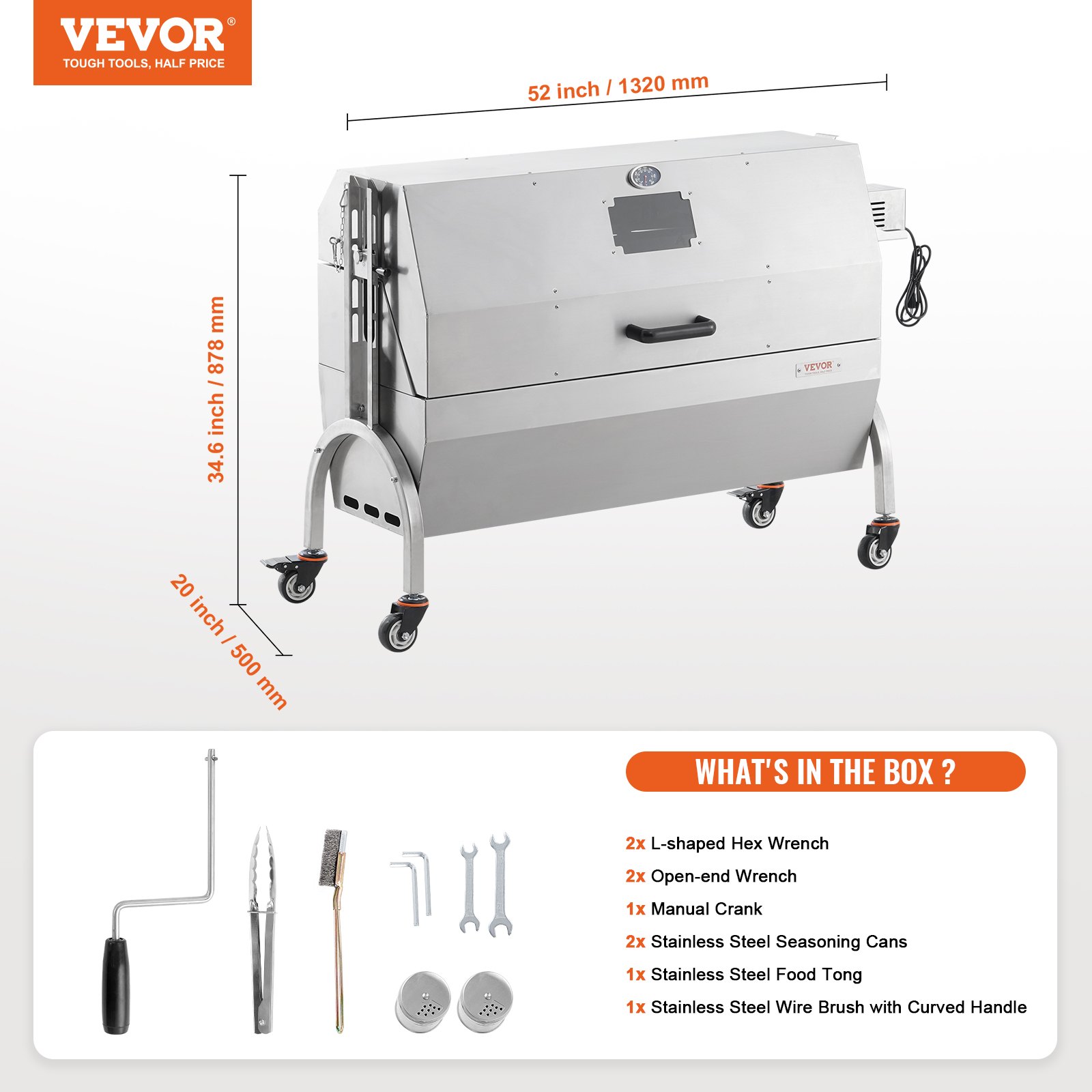 VEVOR Griglia per Agnello, Griglia per Maialino, Griglia per Arrosto, Griglia per Barbecue Carico max. 90 kg per Maiale, Agnello, Motore Elettrico da 52 W, Girarrosto Commerciale Acciaio Inox