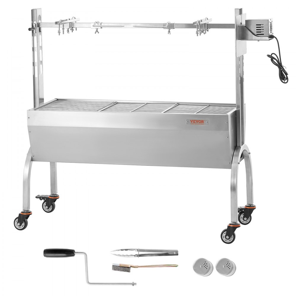 VEVOR Griglia per Agnello Griglia per Arrosto, Griglia per Barbecue con Ruote Carico max. 90 kg per Maiale, Agnello, Motore Elettrico da 52 W, Girarrosto Commerciale Acciaio Inox Lunghezza 1158mm