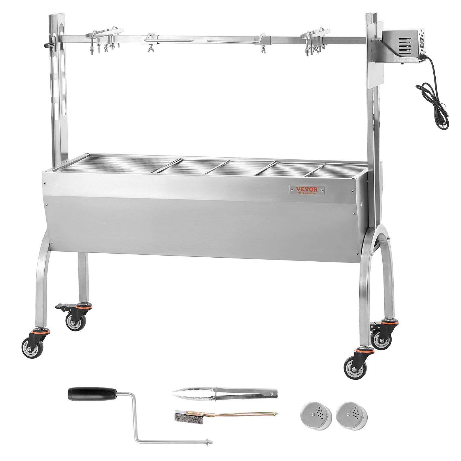 VEVOR Griglia per Agnello Griglia per Arrosto, Griglia per Barbecue con Ruote Carico max. 90 kg per Maiale, Agnello, Motore Elettrico da 52 W, Girarrosto Commerciale Acciaio Inox Lunghezza 1158mm