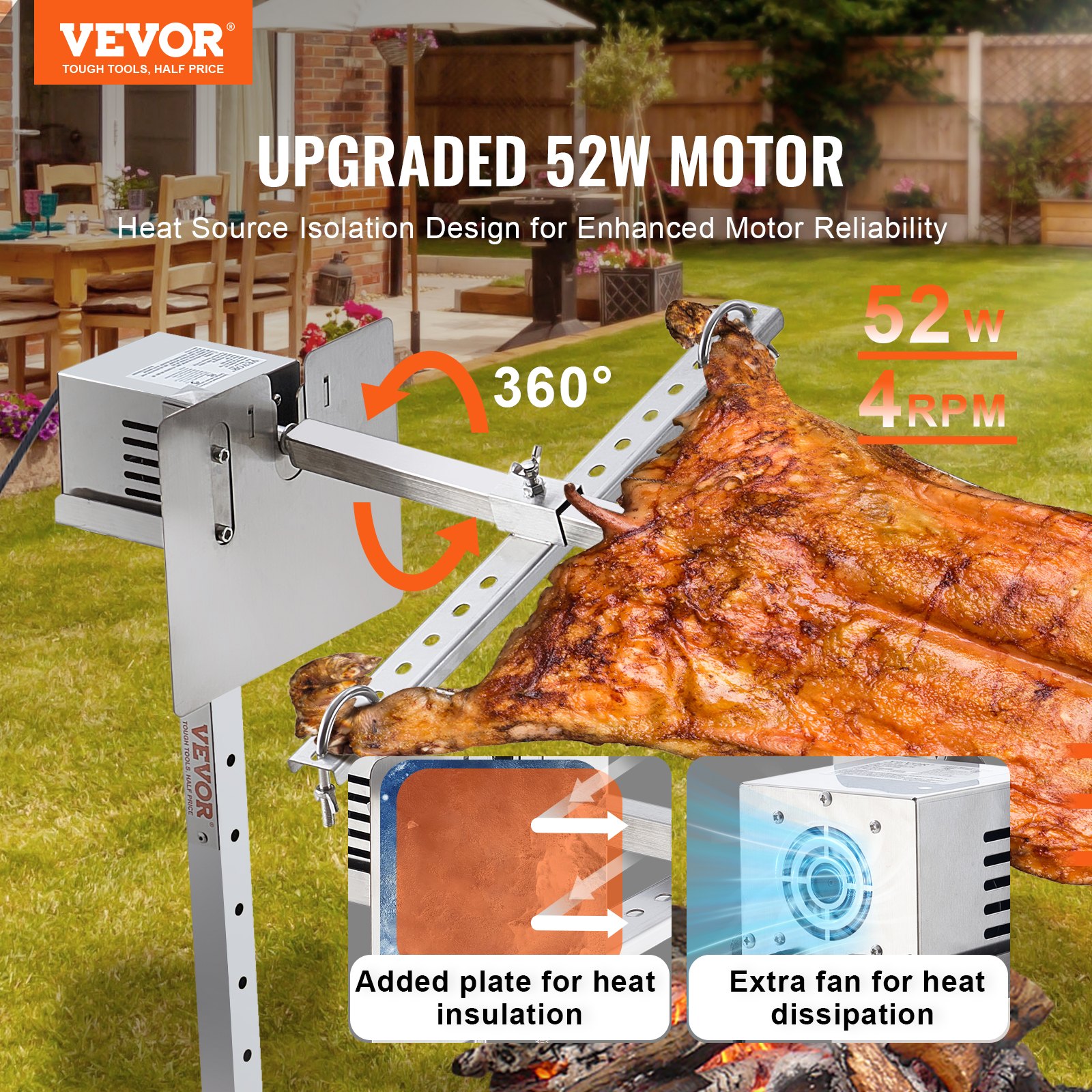 VEVOR Griglia per Agnello, Griglia per Maialino, Griglia per Arrosto, Griglia per Barbecue Carico max. 60 kg per Maiale, Agnello, Motore Elettrico da 52 W, Girarrosto Commerciale Acciaio Inox