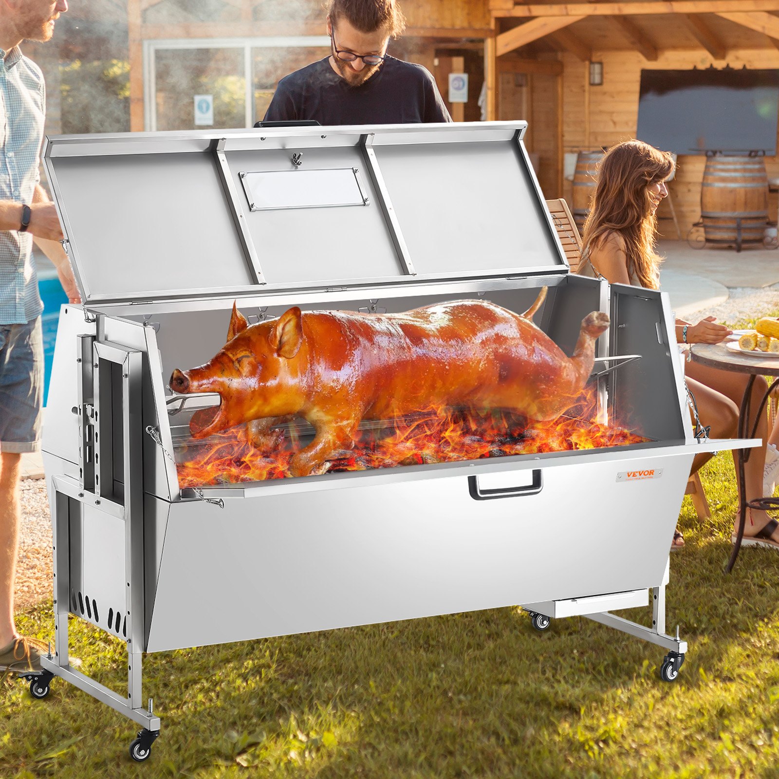 VEVOR Griglia per Agnello 130 kg Griglia per Barbecue per Maiale Capra, Girarrosto Commerciale in Acciaio Inossidabile con Motore Elettrico da 60 W con Scudo Termico, Lunghezza Girarrosto da 1427 mm