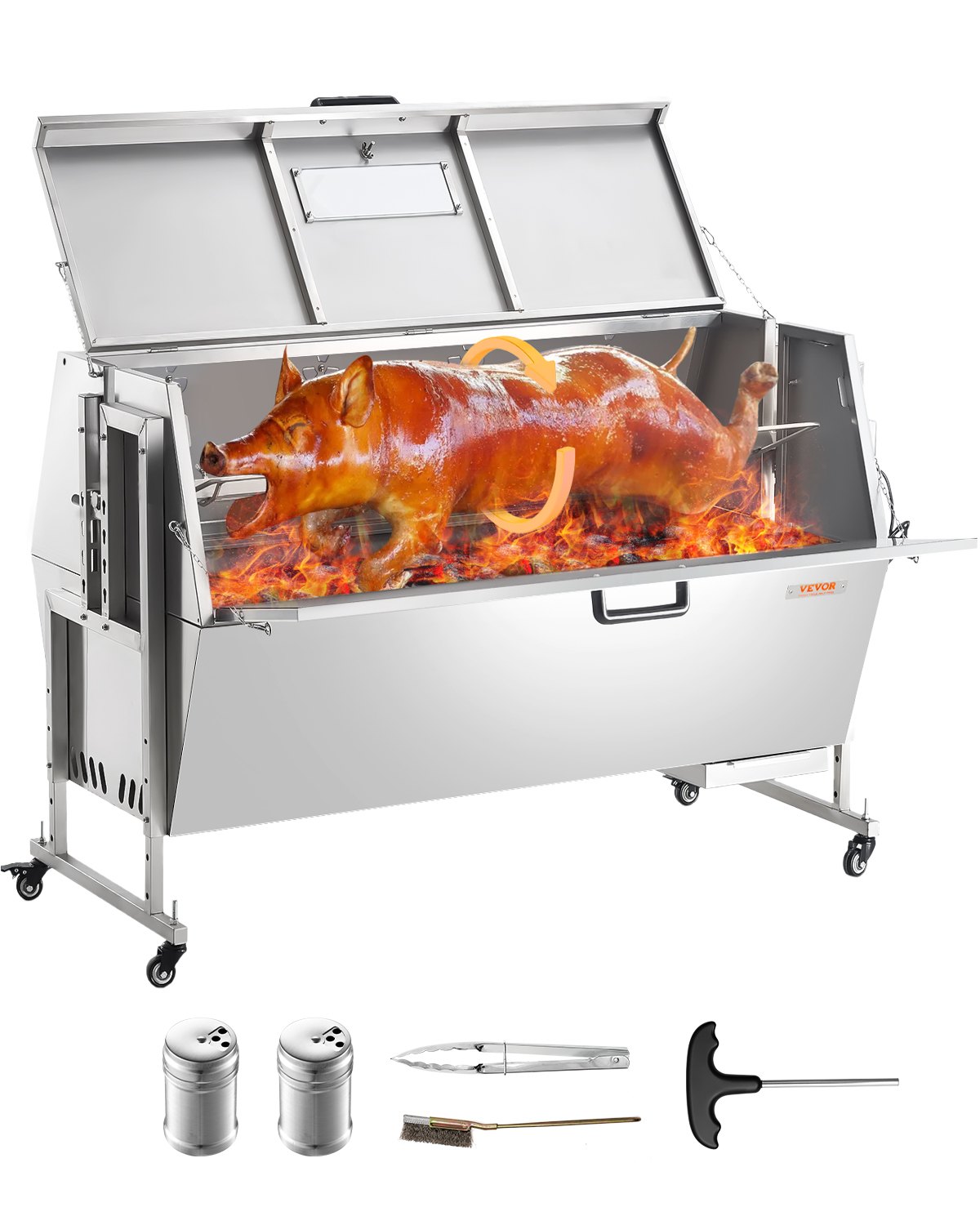 VEVOR Griglia per Agnello 130 kg Griglia per Barbecue per Maiale Capra, Girarrosto Commerciale in Acciaio Inossidabile con Motore Elettrico da 60 W con Scudo Termico, Lunghezza Girarrosto da 1427 mm