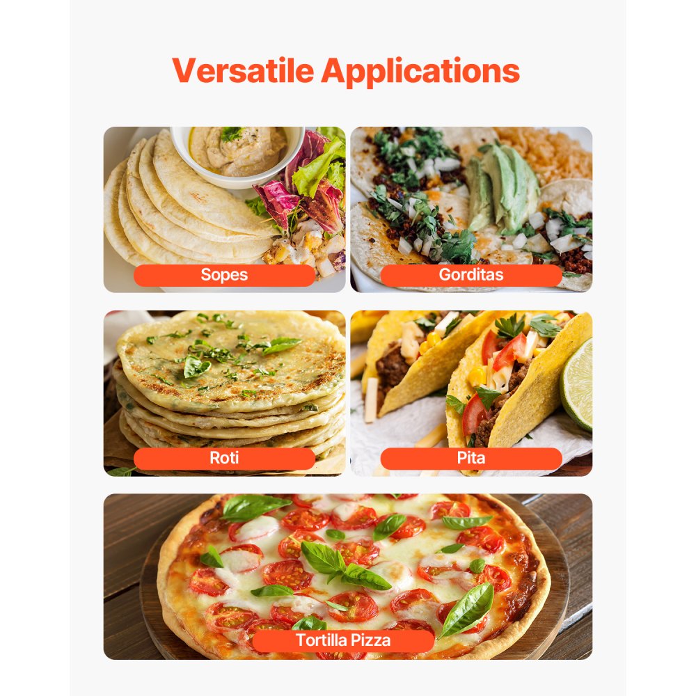 VEVOR Macchina Elettrica per Tortillas da 250 W Macchina Automatica per Tortilla di Mais, con Rivestimento Antiaderente e Due Stampi 101,6 mm + 152,4 mm per Prodotti Sopes Roti Pita Tortilla Pizza