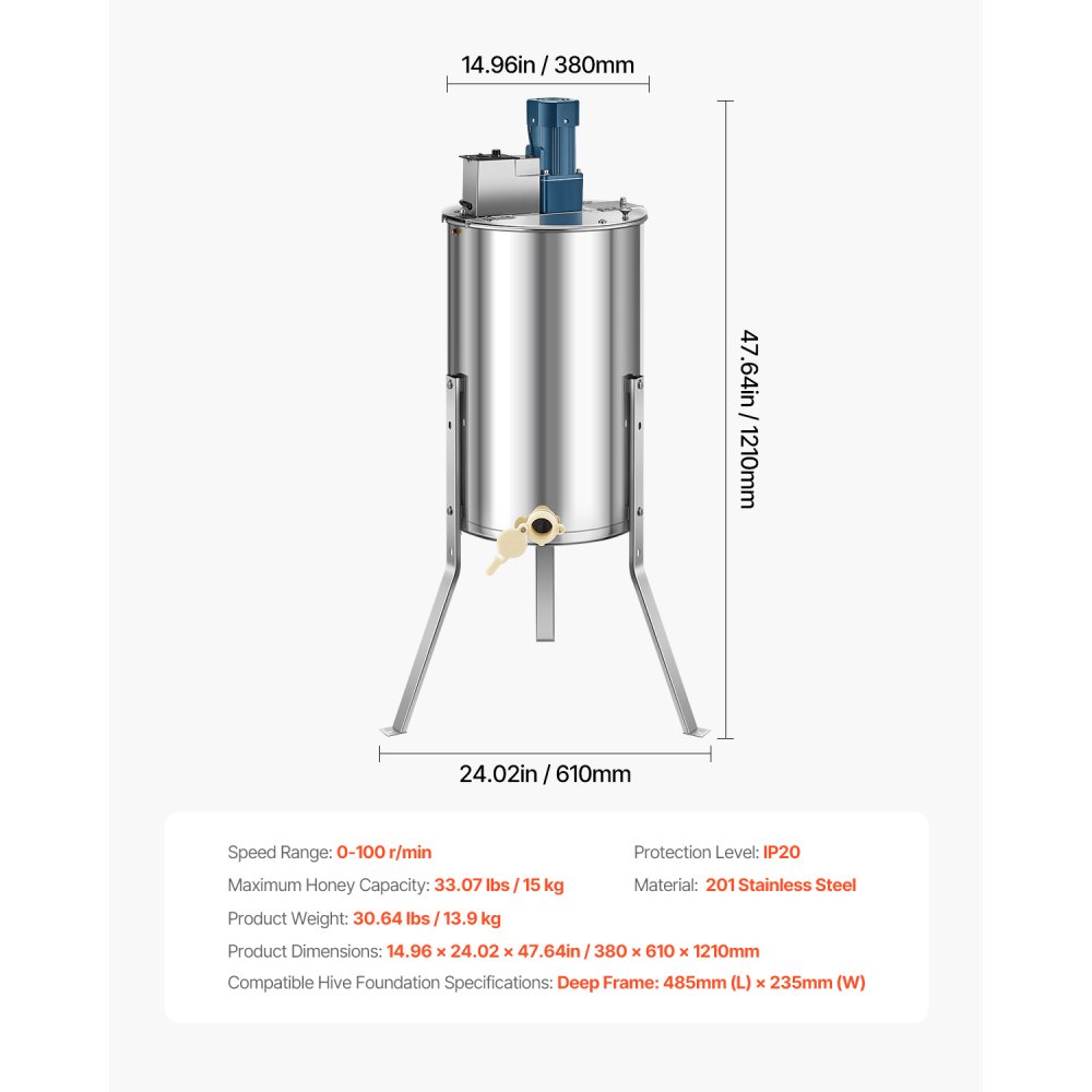 VEVOR Estrattore Elettrico di Miele in Acciaio Inox, Centrifuga Manuale per Miele 3 Telaini, con Coperchio Trasparente, Regolabile in Altezza, Apicoltura per Estrazione, 380 x 610 x 1210 mm