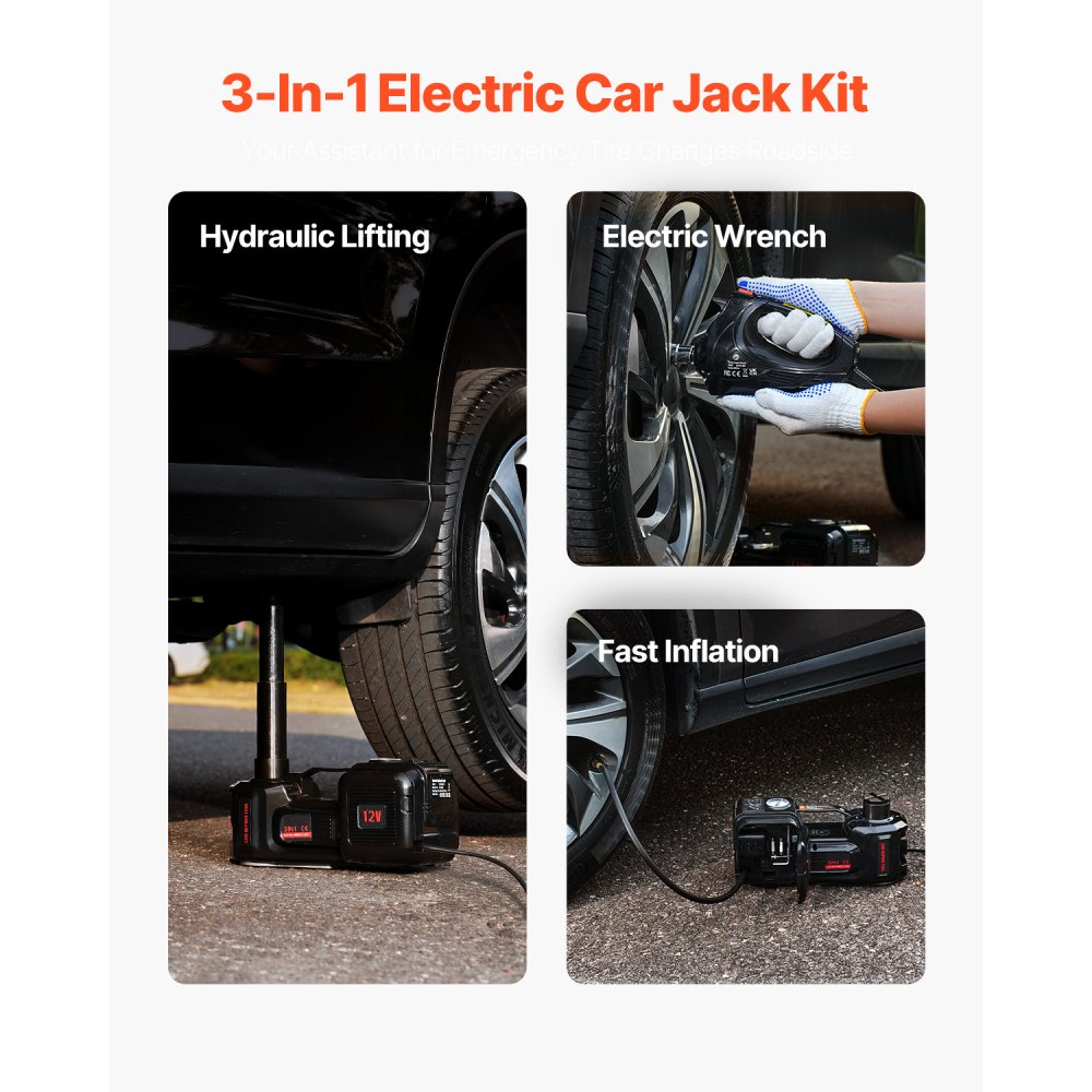 VEVOR Cric Elettrico per Auto da 5 T Cric Elettrico a Forbice con Gonfiatore Integrato, Sostituzione Pneumatici 12 V con Chiave a Percussione Elettrica e Luce LED, Kit Cric Portatile per Berlina, SUV